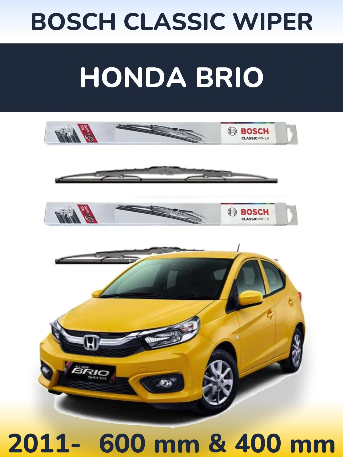 Front wiper blade set BOSCH Classic Wiper 600 & 400 mm for Honda Brio 2011-2026