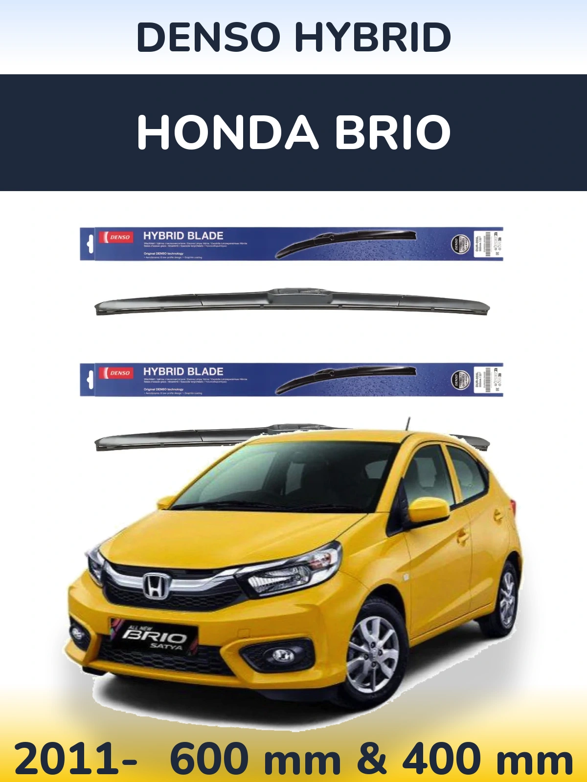 Front wiper blade set Denso Hybrid 600 & 400 mm for Honda Brio 2011-2026
