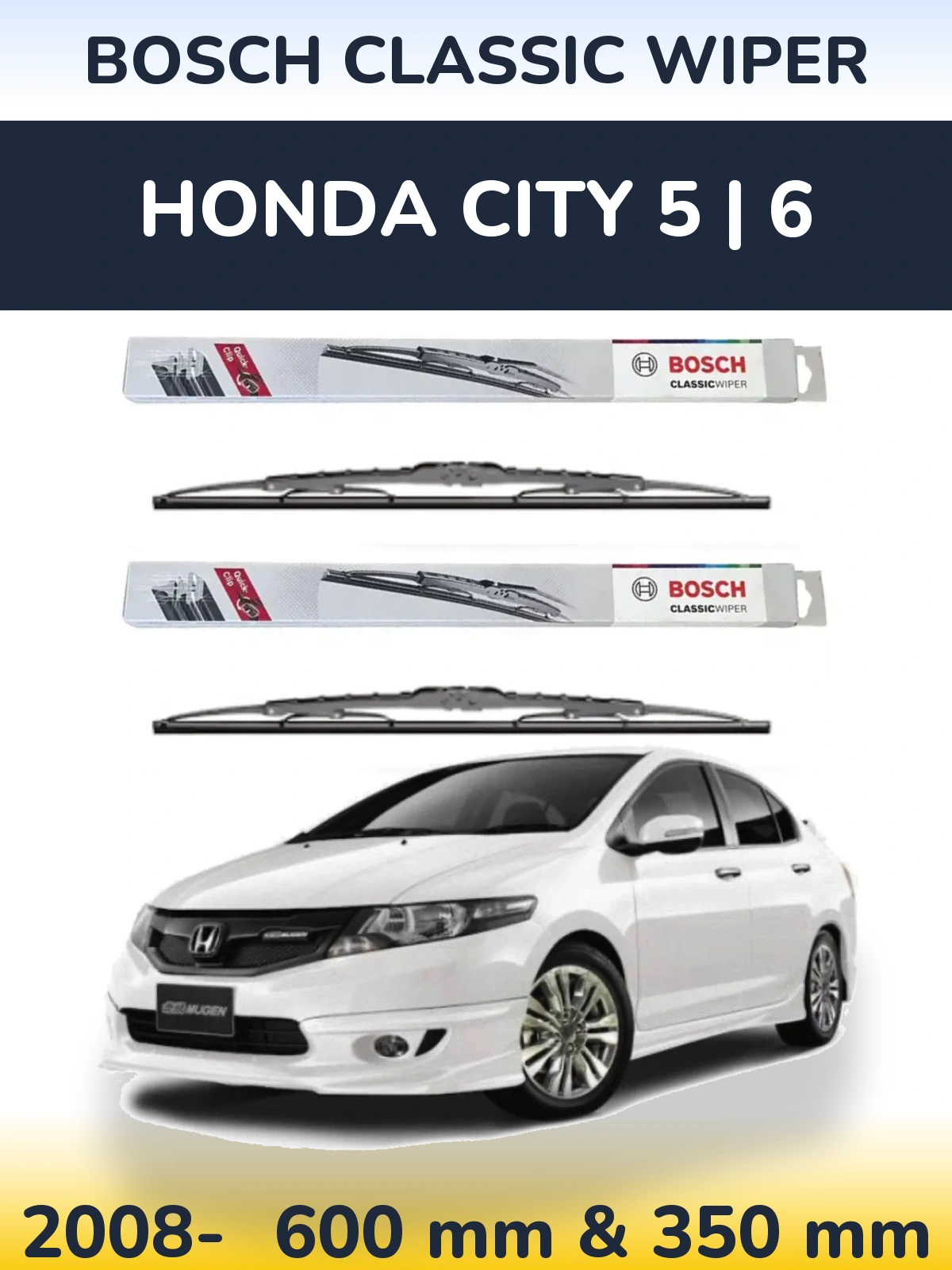 Front wiper blade set BOSCH Classic Wiper 600 & 340 mm for Honda City 5 | 6 2008-2026