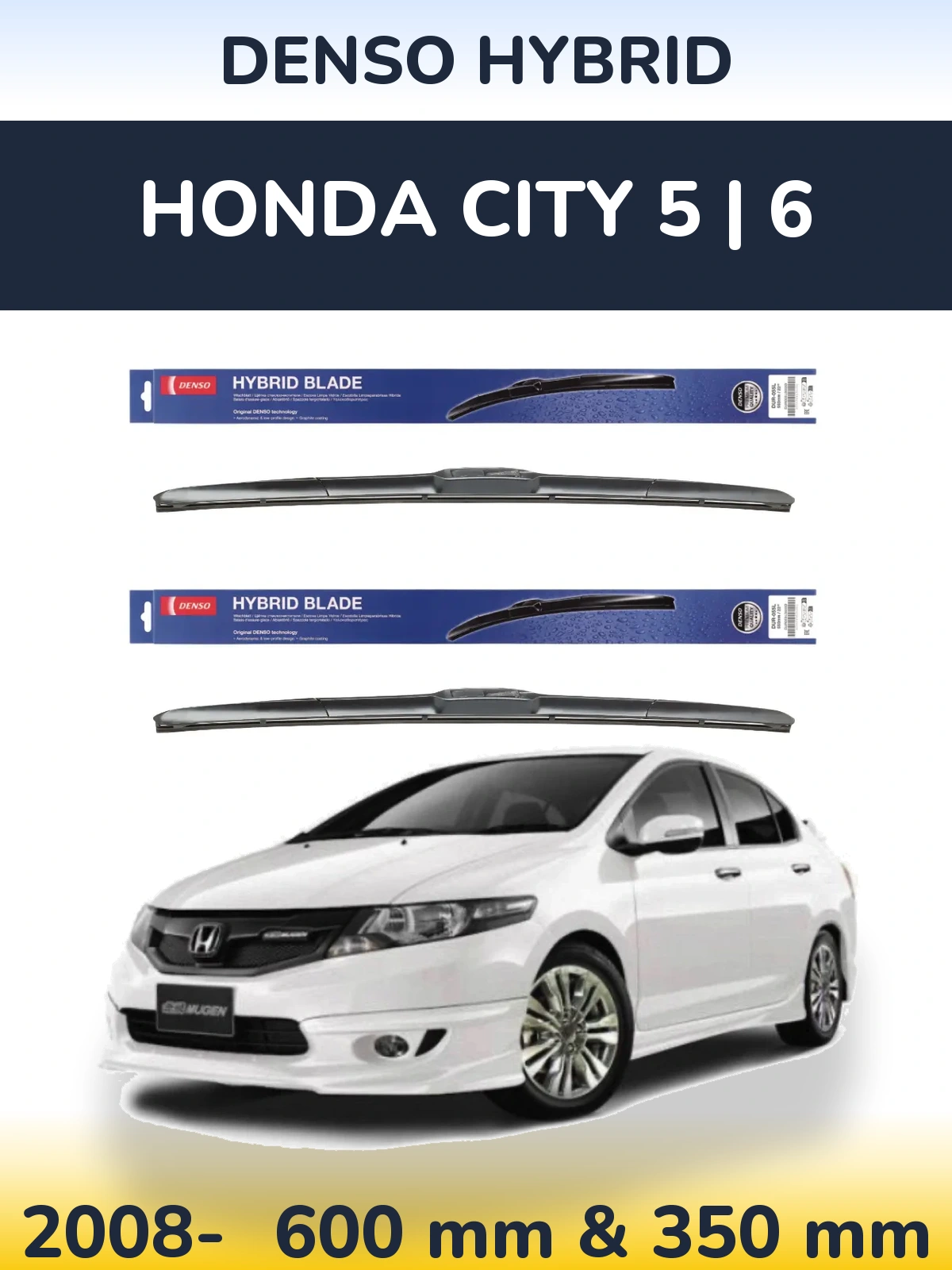 Front wiper blade set Denso Hybrid 600 & 350 mm for Honda City 5 | 6 2008-2026