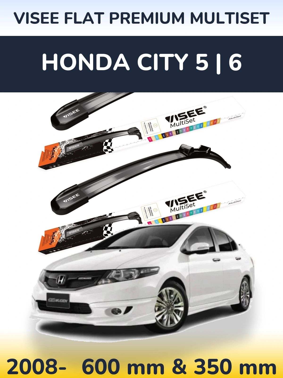 Комплект передних дворников VISEE FLAT PREMIUM MultiSet 600 & 350 мм для Honda City 5 | 6 2008-2026