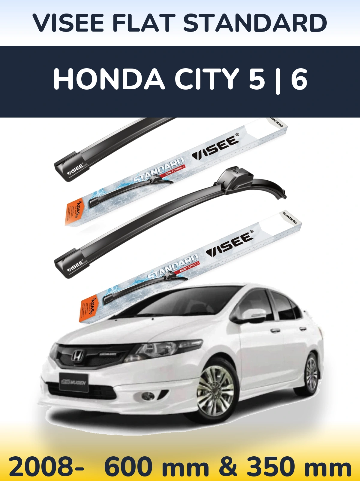 Front wiper blade set VISEE FLAT STANDARD 600 & 350 mm for Honda City 5 | 6 2008-2026