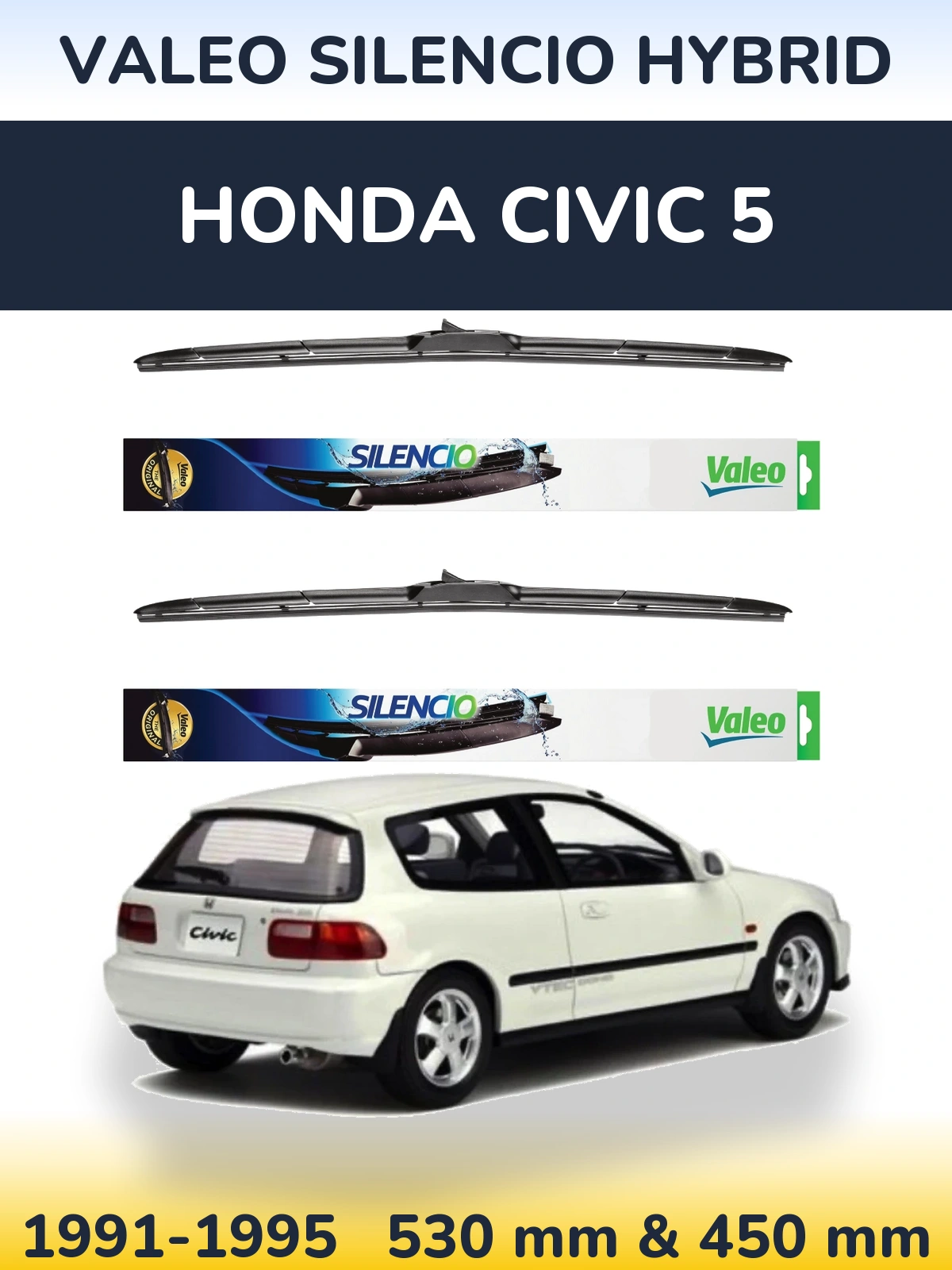 Front wiper blade set Valeo Silencio Hybrid 530 & 450 mm for Honda Civic 5 1991-1995