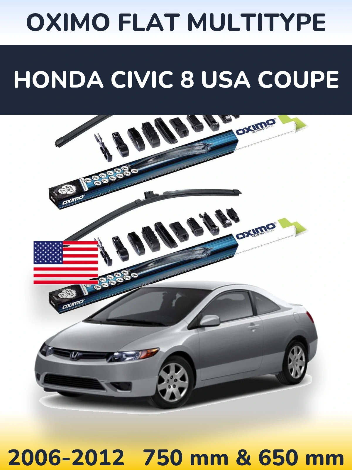 Комплект передних дворников Oximo Flat MultiТипe 750 & 650 мм для Honda Civic 8 USA coupe 2006-2012