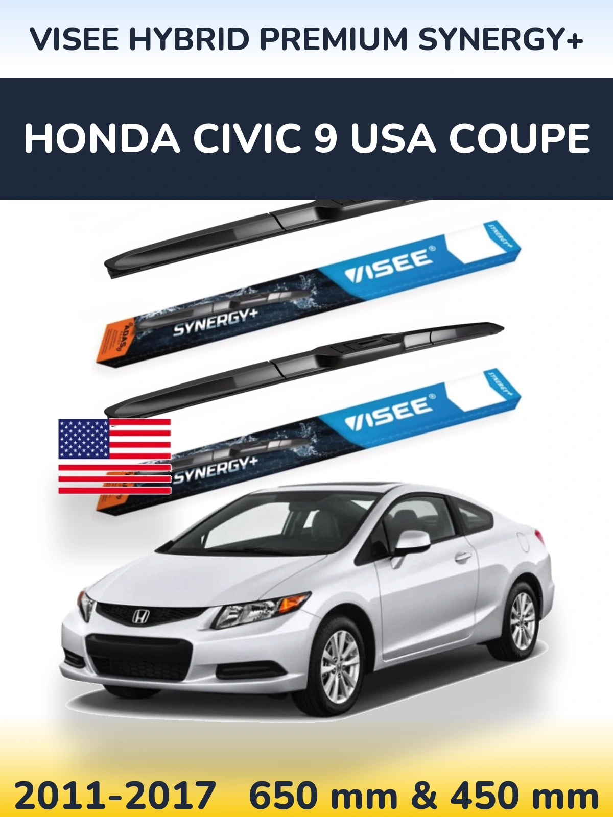 Front wiper blade set VISEE HYBRID PREMIUM SYNERGY+ 650 & 450 mm for Honda Civic 9 USA coupe 2011-2017