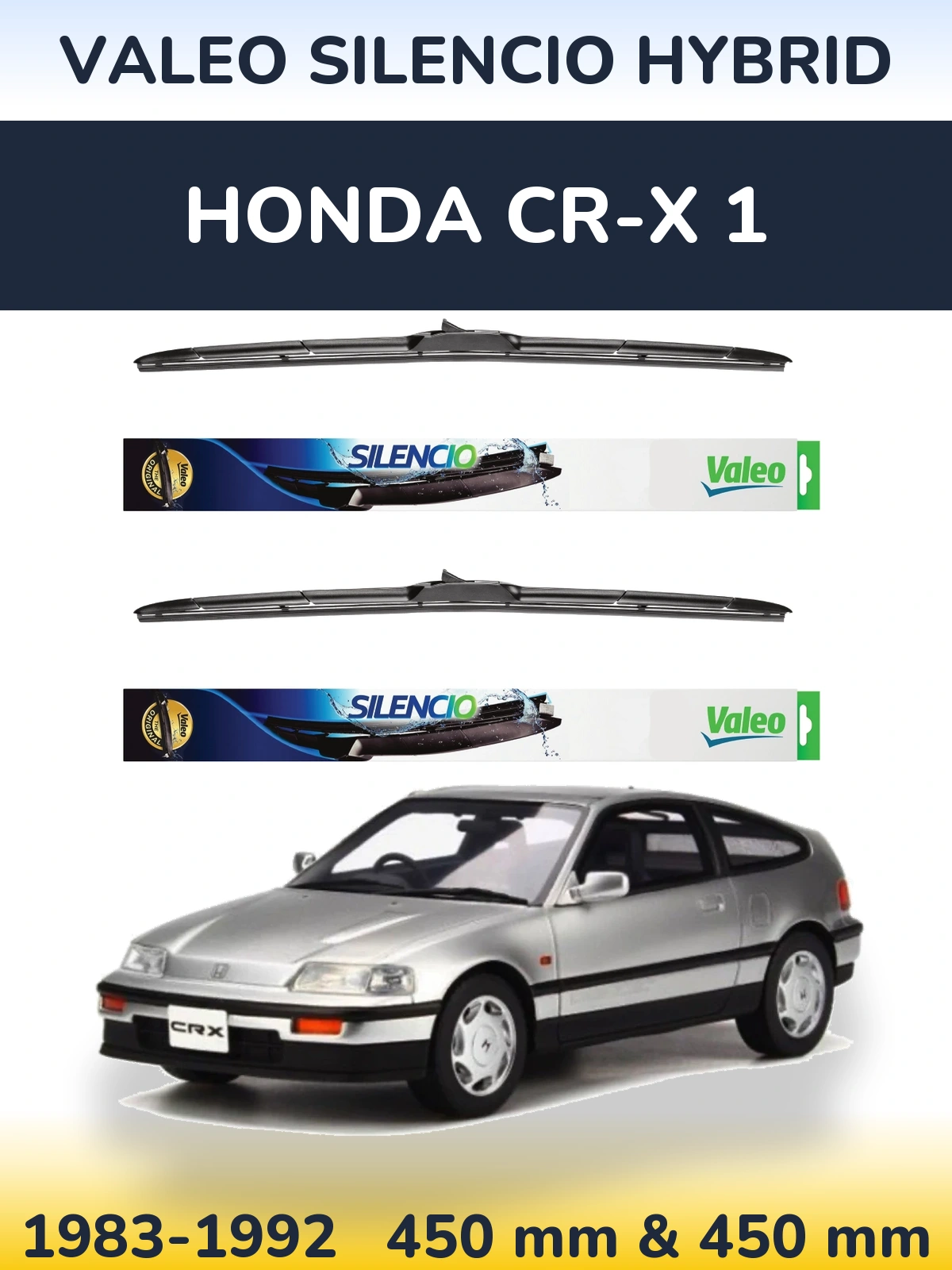 Front wiper blade set Valeo Silencio Hybrid 450 & 450 mm for Honda CR-X 1 1983-1992