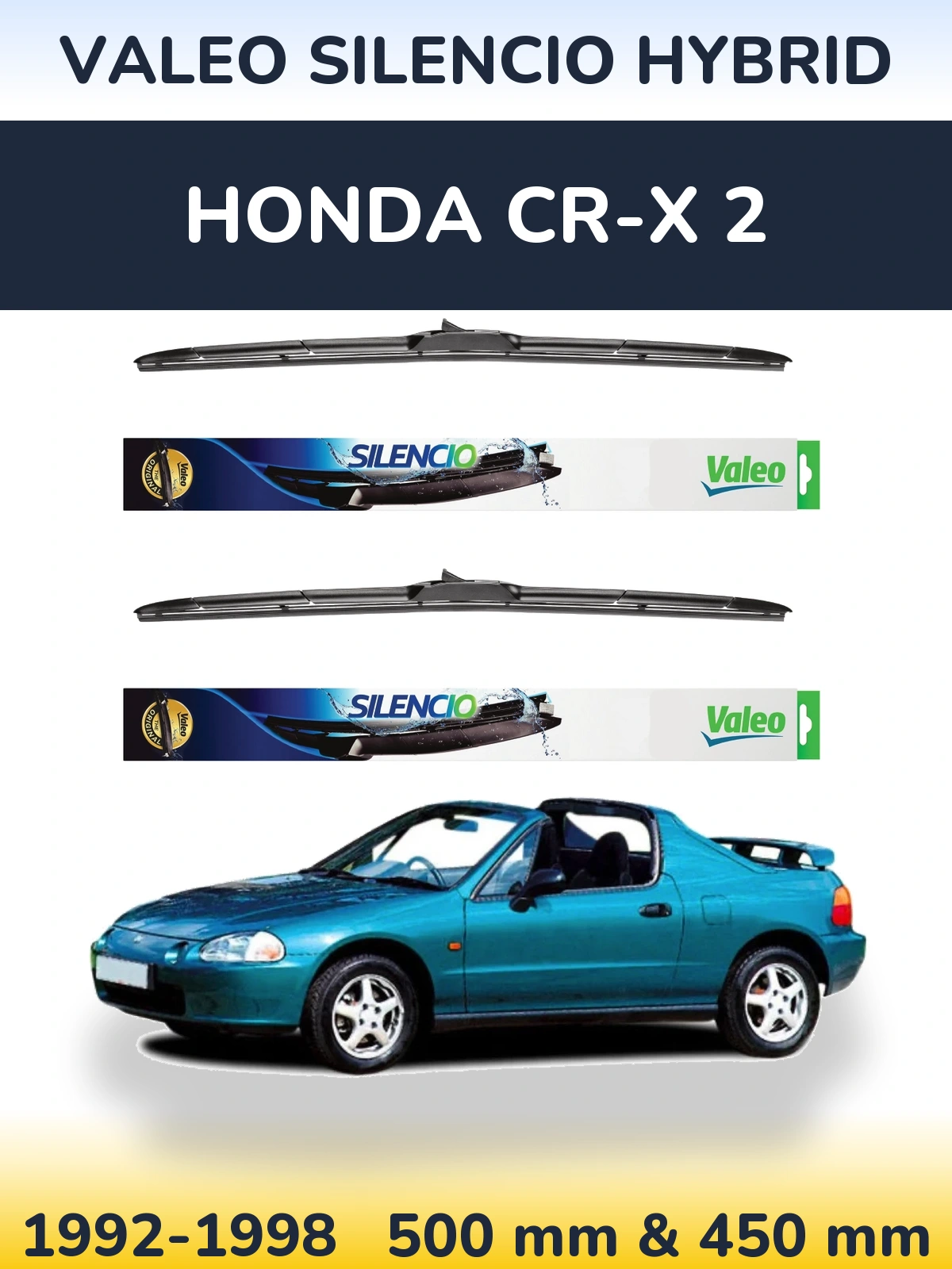 Front wiper blade set Valeo Silencio Hybrid 500 & 450 mm for Honda CR-X 2 1992-1998