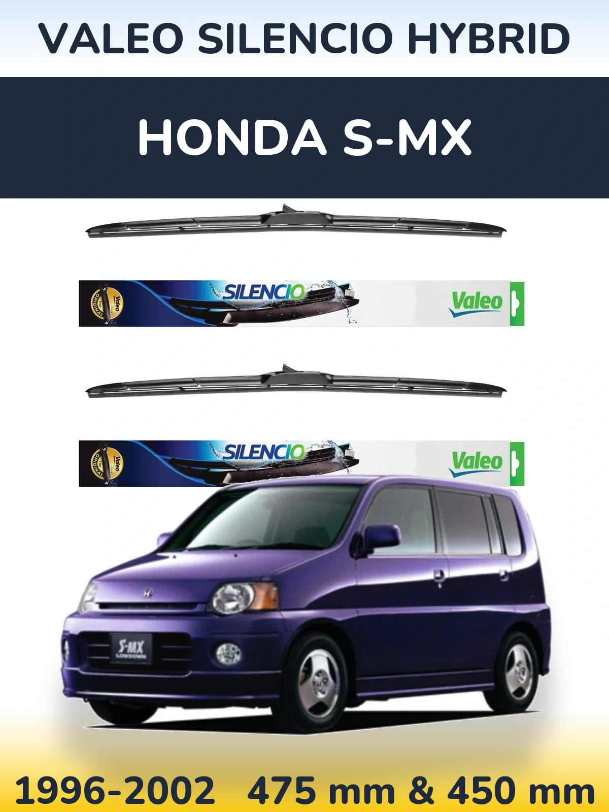 Front wiper blade set Valeo Silencio Hybrid 475 & 450 mm for Honda S-MX 1996-2002