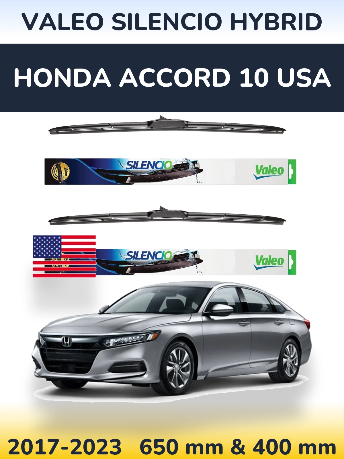 Комплект передних дворников Valeo Silencio Hybrid 650 & 400 мм для Honda Accord 10 USA 2017-2023