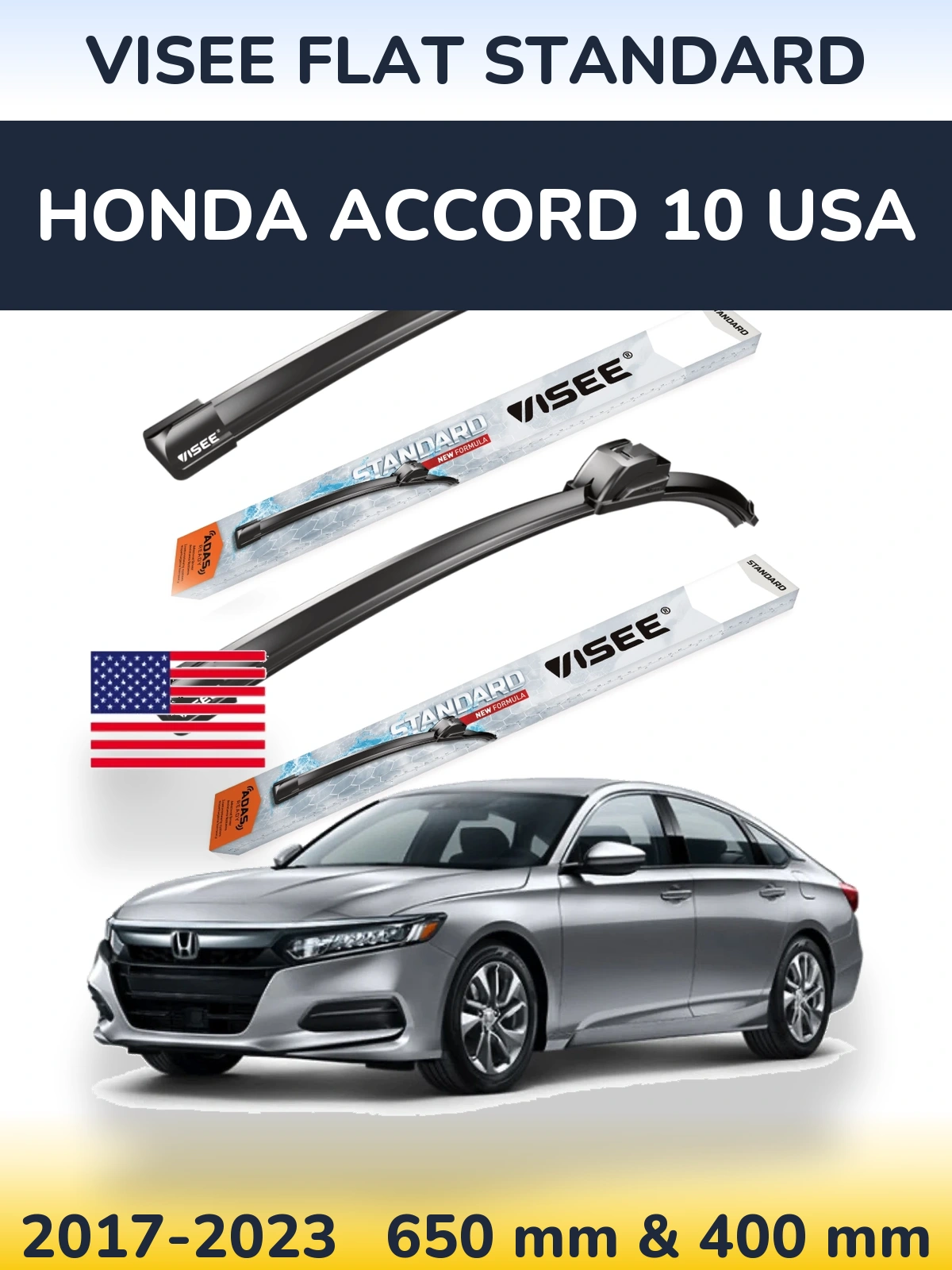 Комплект передніх щіток VISEE FLAT STANDARD 650 & 400 мм для Honda Accord 10 USA 2017-2023