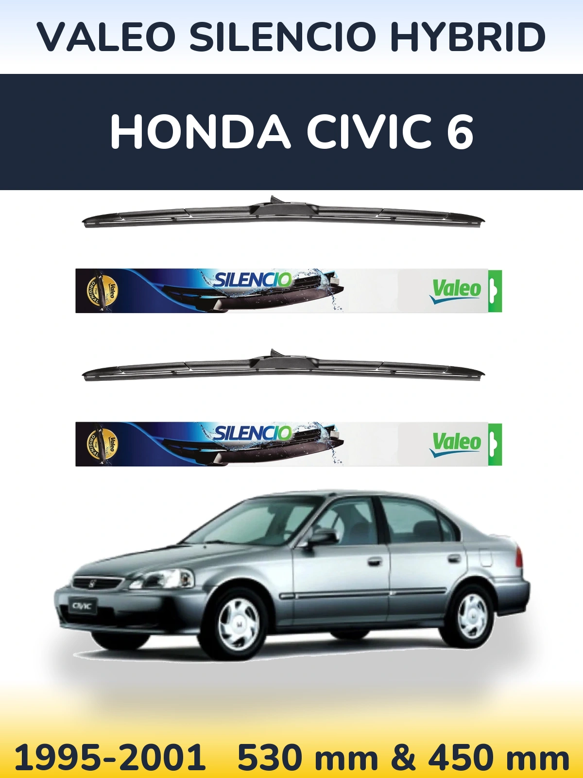 Front wiper blade set Valeo Silencio Hybrid 530 & 450 mm for Honda Civic 6 1995-2001