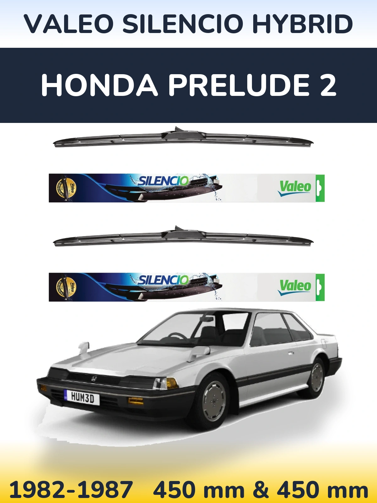 Front wiper blade set Valeo Silencio Hybrid 450 & 450 mm for Honda Prelude 2 1982-1987