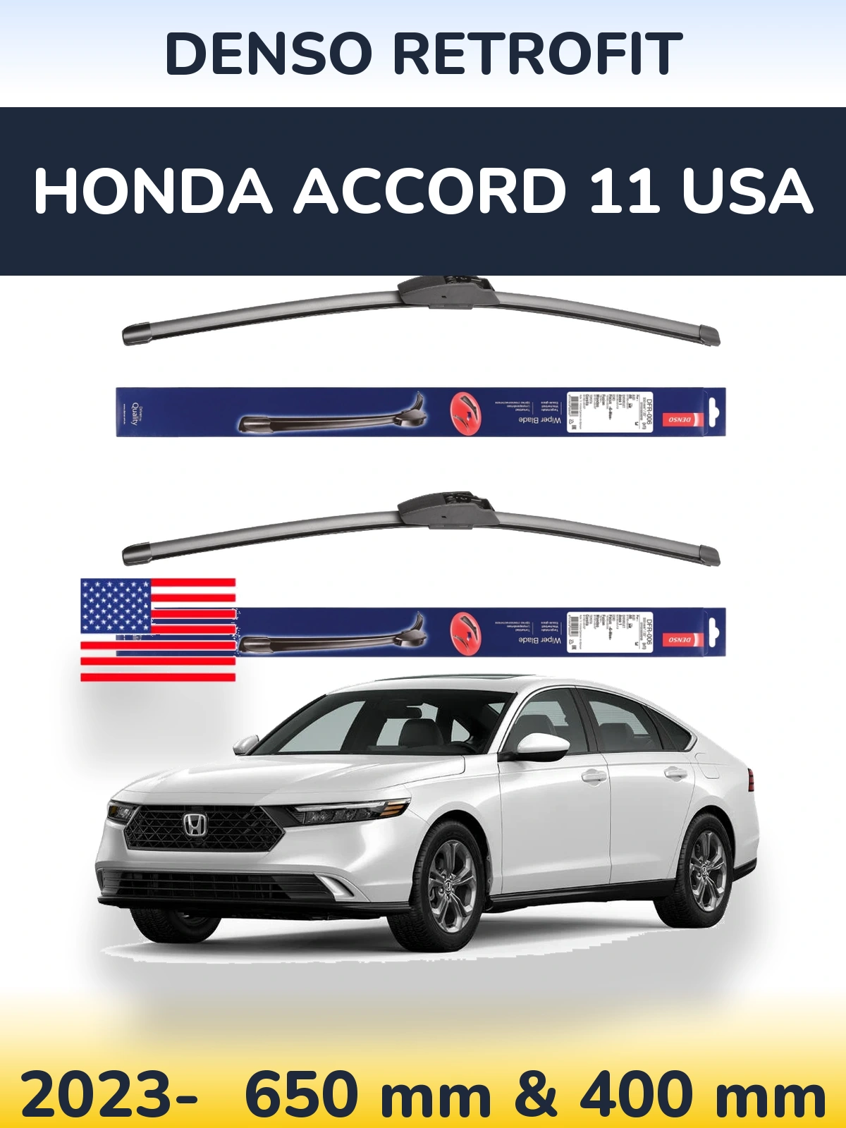Front wiper blade set Denso Retrofit 650 & 400 mm for Honda Accord 11 USA 2023-2026