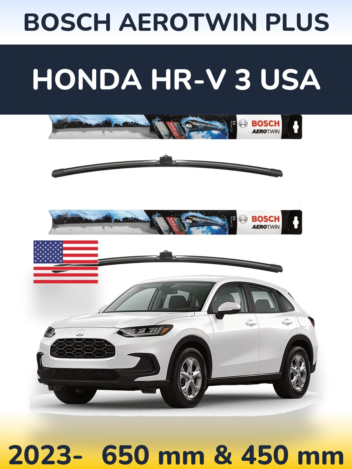 Front wiper blade set BOSCH AeroTwin Plus 650 & 450 mm for Honda HR-V 3 USA 2023-2026