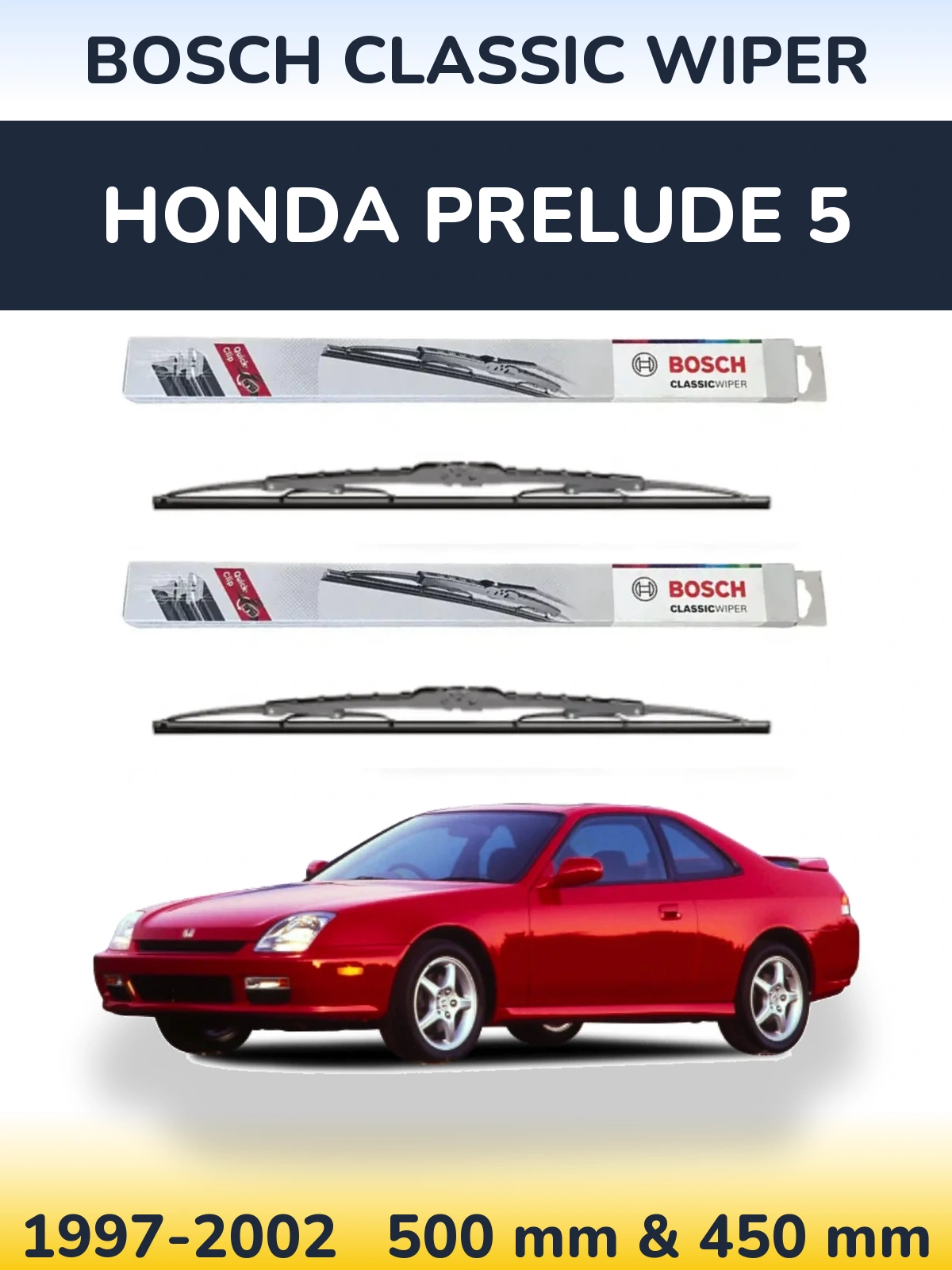 Front wiper blade set BOSCH Classic Wiper 500 & 450 mm for Honda Prelude 5 1997-2002