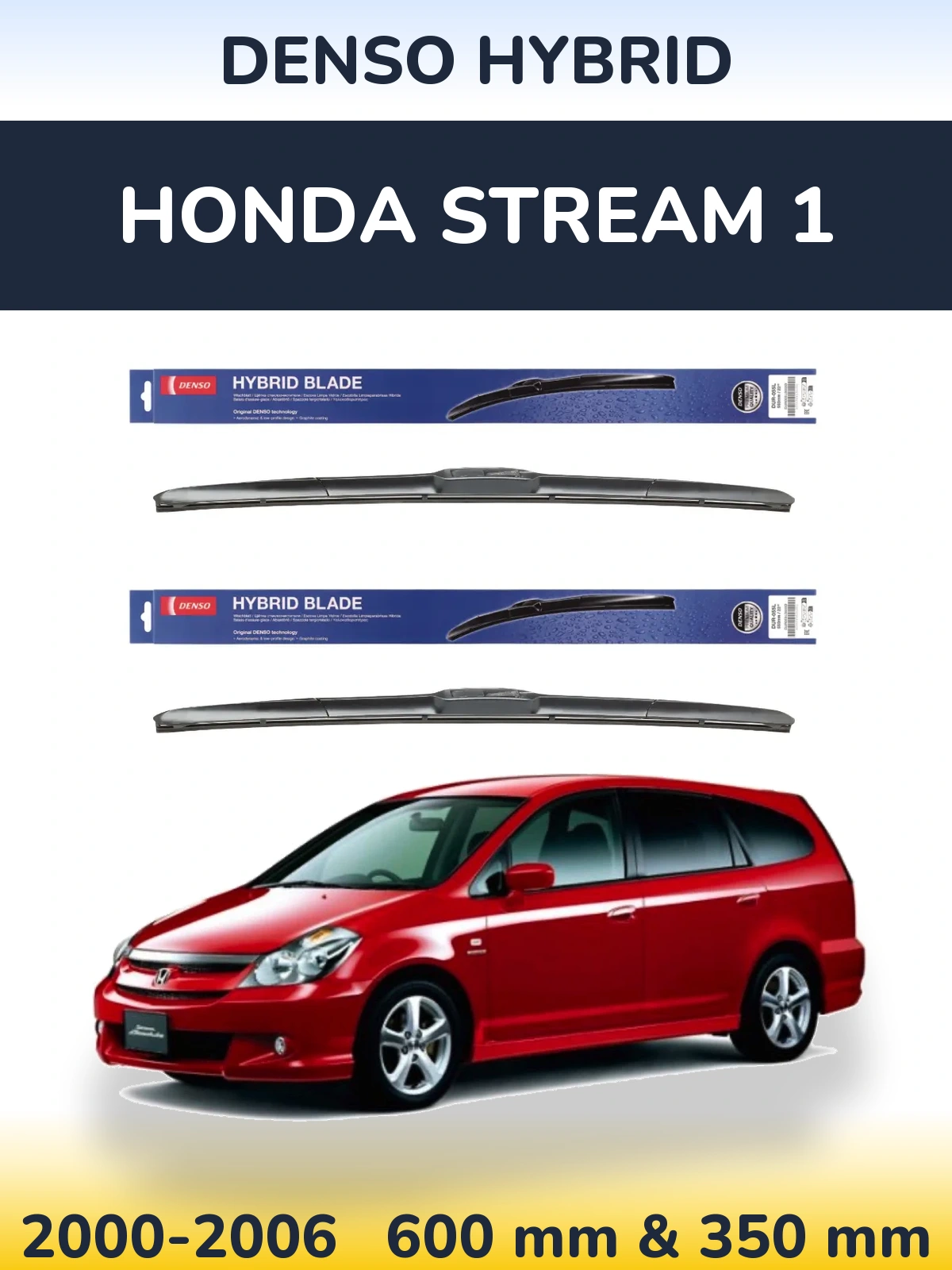 Front wiper blade set Denso Hybrid 600 & 350 mm for Honda Stream 1 2000-2006
