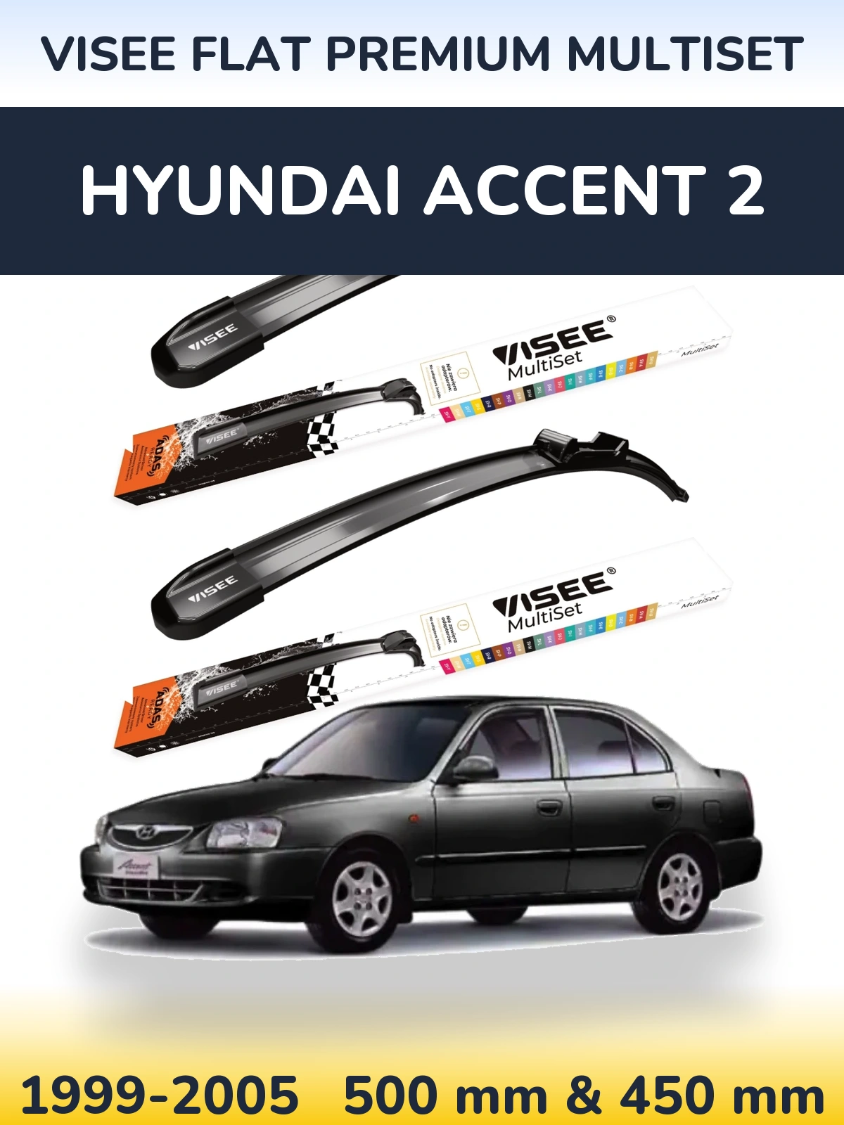 Комплект передних дворников VISEE FLAT PREMIUM MultiSet 500 & 450 мм для Hyundai Accent 2 1999-2005