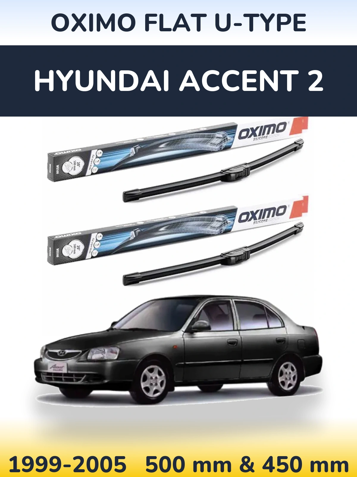 Комплект передних дворников Oximo Flat U-type 500 & 450 мм для Hyundai Accent 2 1999-2005