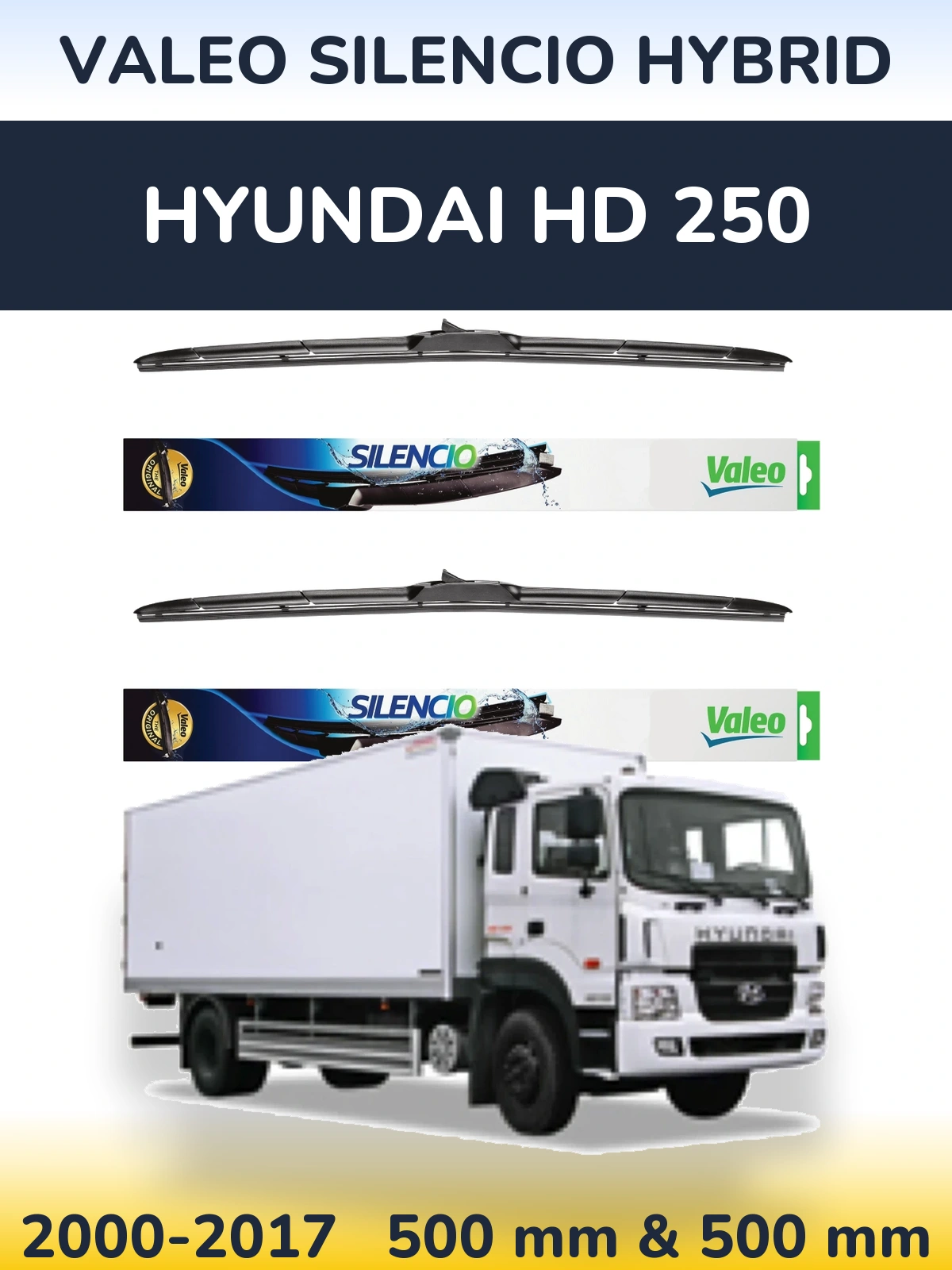 Front wiper blade set Valeo Silencio Hybrid 500 & 500 mm for Hyundai HD 250 2000-2017
