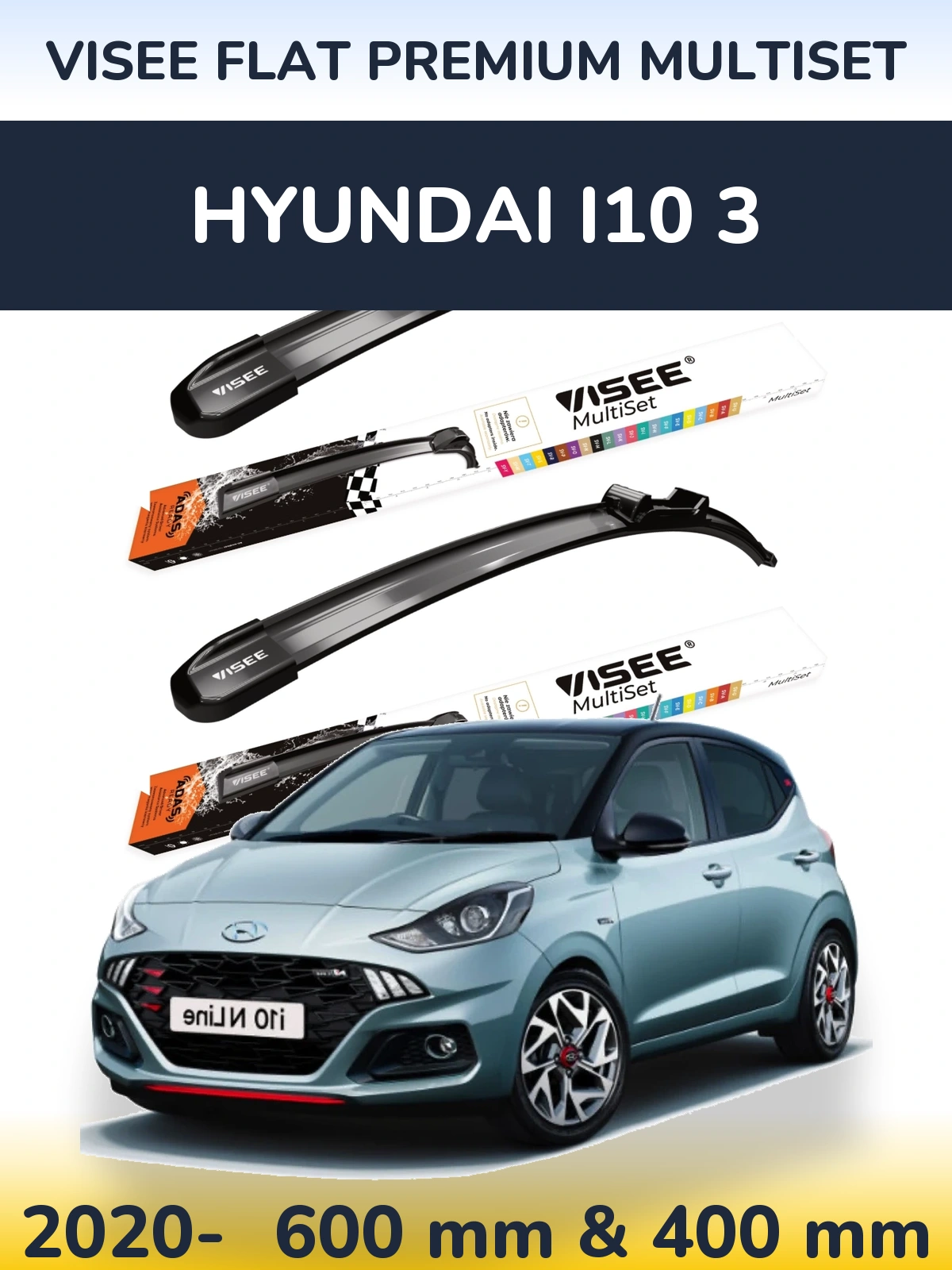 Front wiper blade set VISEE FLAT PREMIUM MultiSet 600 & 400 mm for Hyundai i10 3 2020-2026