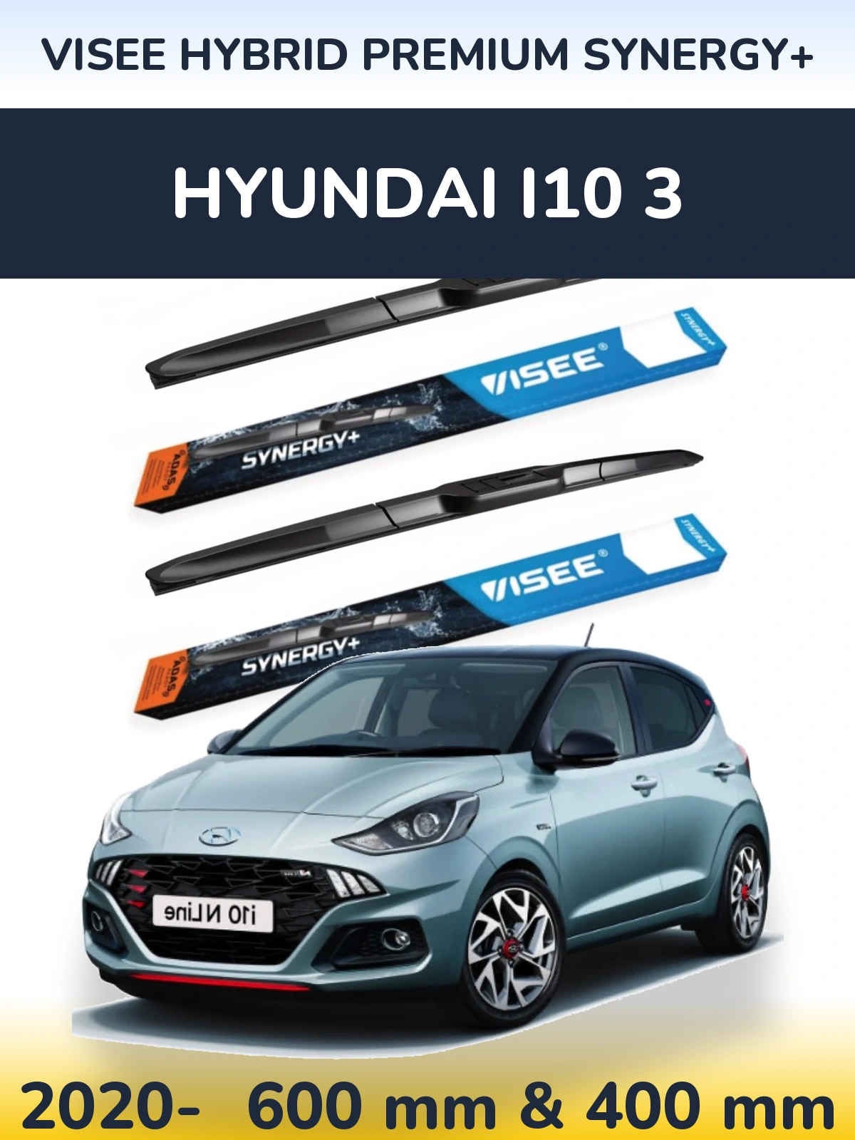 Front wiper blade set VISEE HYBRID PREMIUM SYNERGY+ 600 & 400 mm for Hyundai i10 3 2020-2026