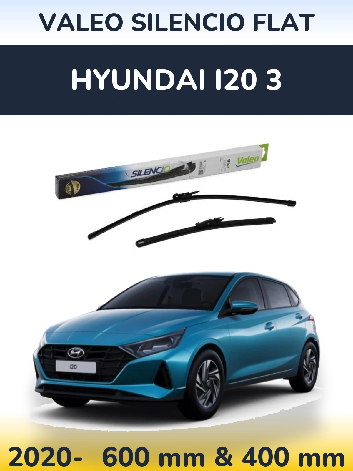 Front wiper blade set Valeo Silencio Flat 600 & 380 mm for Hyundai i20 3 2020-2026