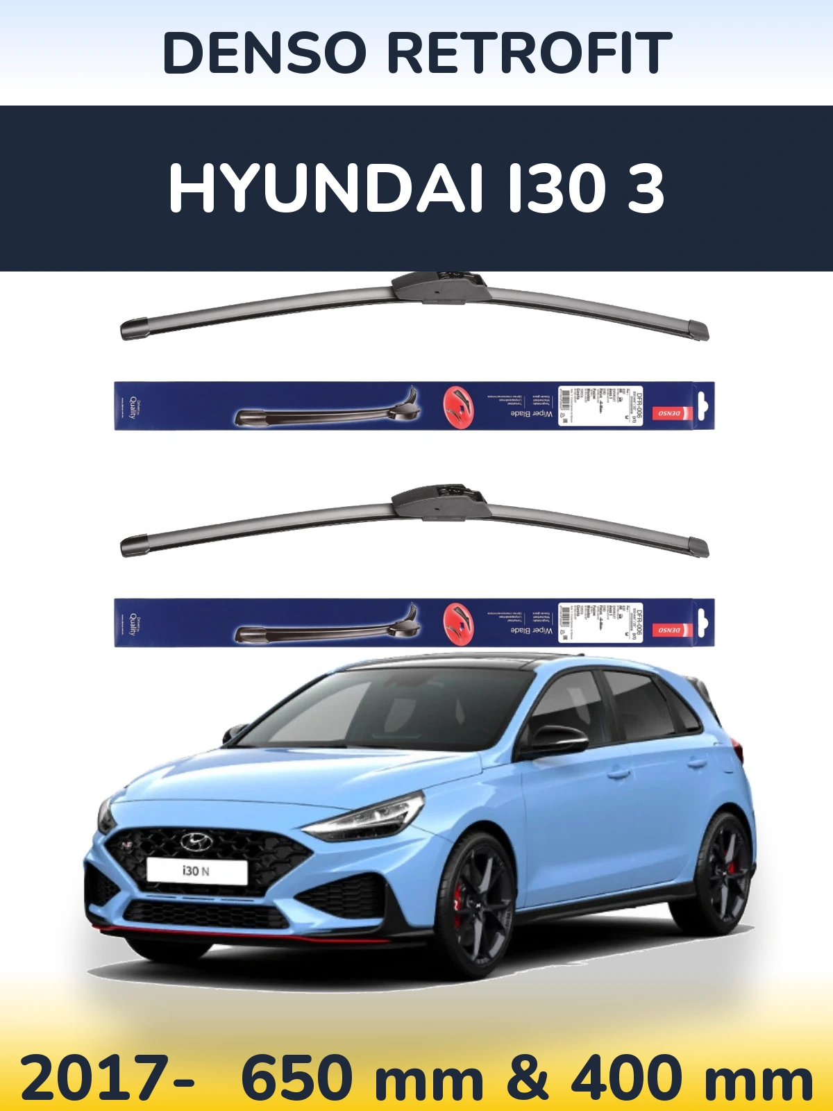 Front wiper blade set Denso Retrofit 650 & 400 mm for Hyundai i30 3 2017-2026