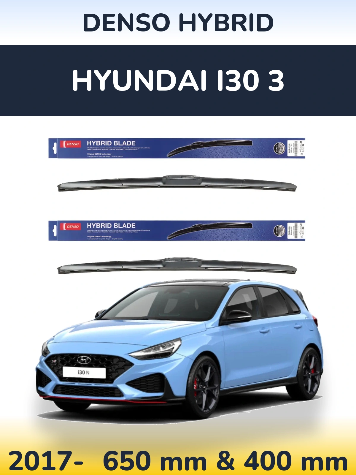 Front wiper blade set Denso Hybrid 650 & 400 mm for Hyundai i30 3 2017-2026