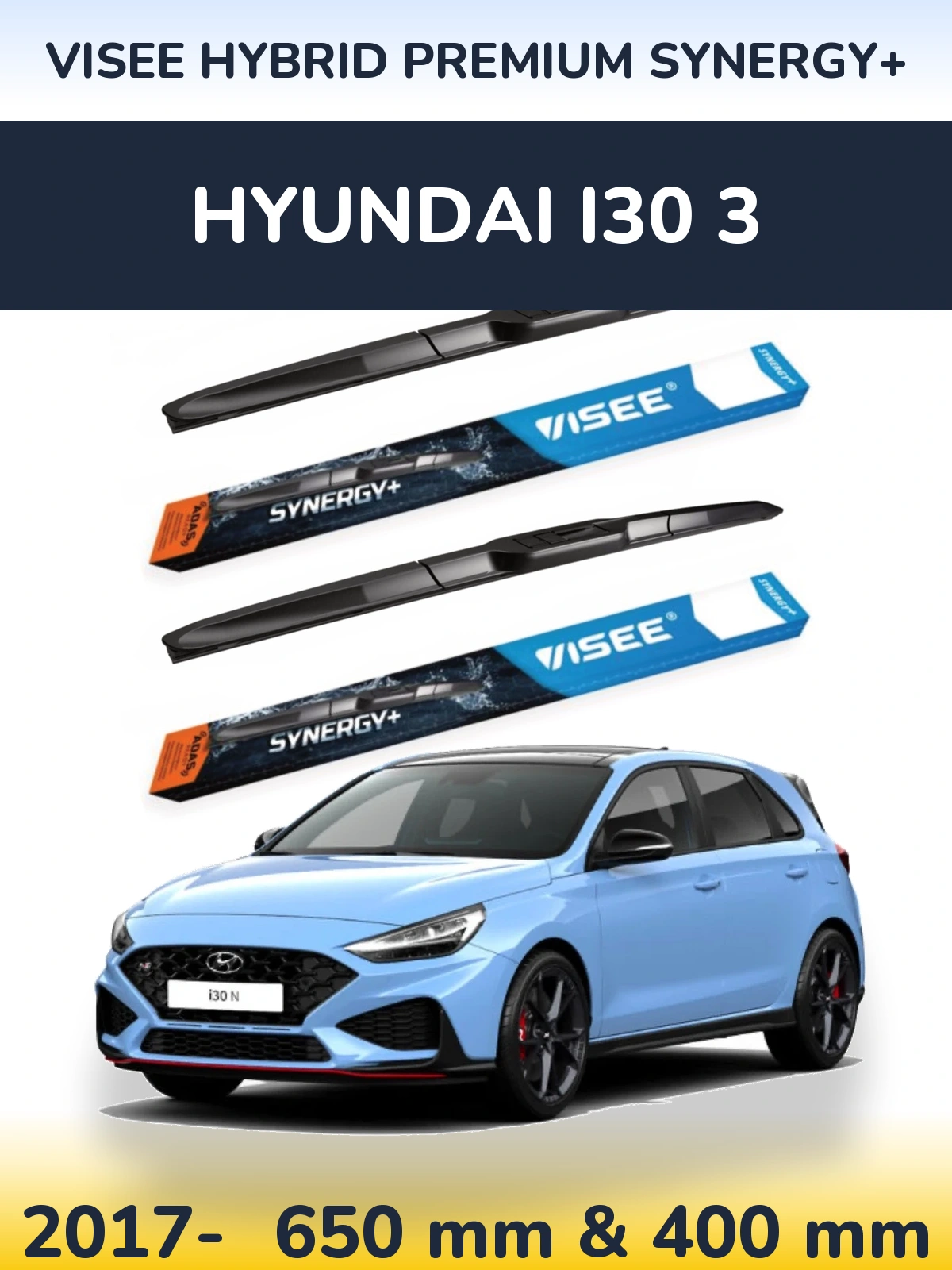 Front wiper blade set VISEE HYBRID PREMIUM SYNERGY+ 650 & 400 mm for Hyundai i30 3 2017-2026