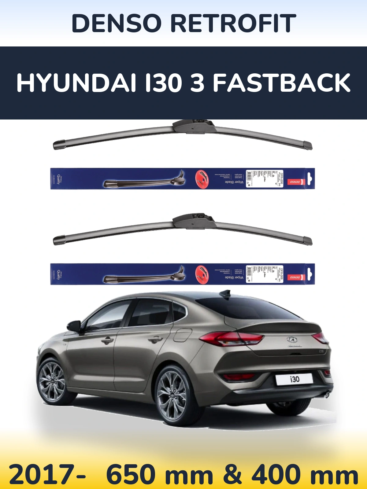 Комплект передних дворников Denso Retrofit 650 & 400 мм для Hyundai i30 3 Fastback 2017-2026