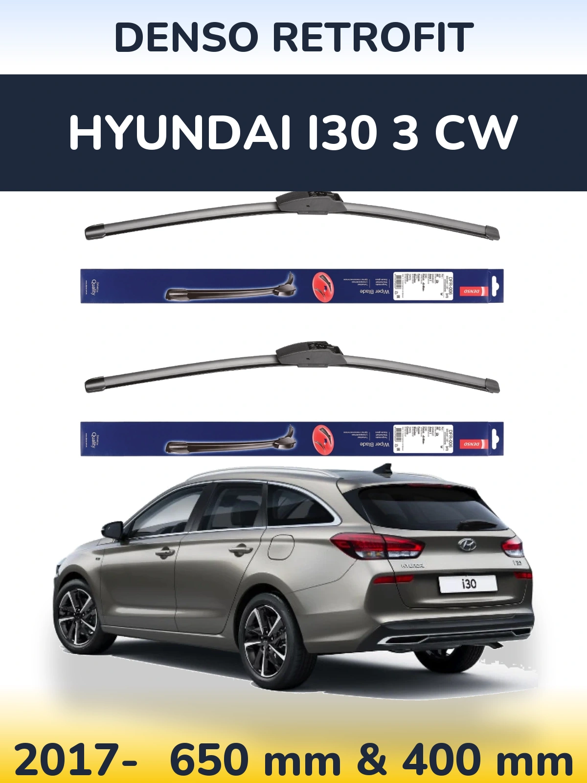 Front wiper blade set Denso Retrofit 650 & 400 mm for Hyundai i30 3 CW 2017-2026