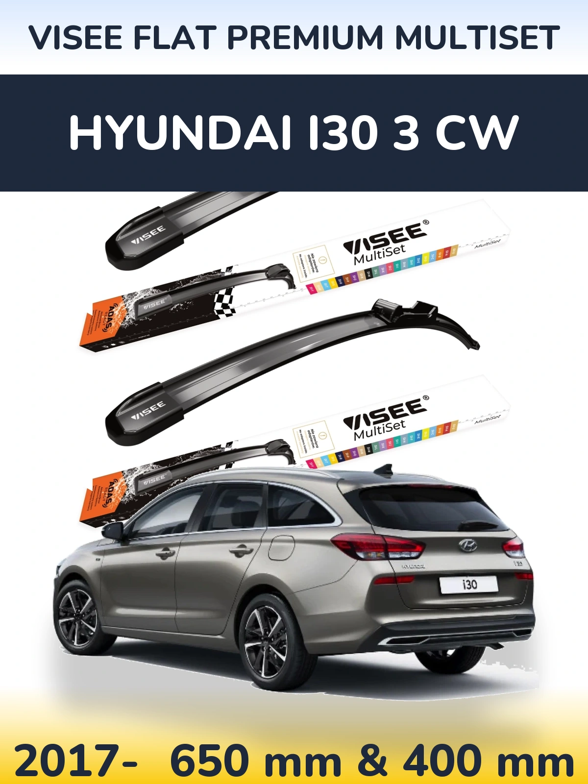 Комплект передніх щіток VISEE FLAT PREMIUM MultiSet 650 & 400 мм для Hyundai i30 3 CW 2017-2026