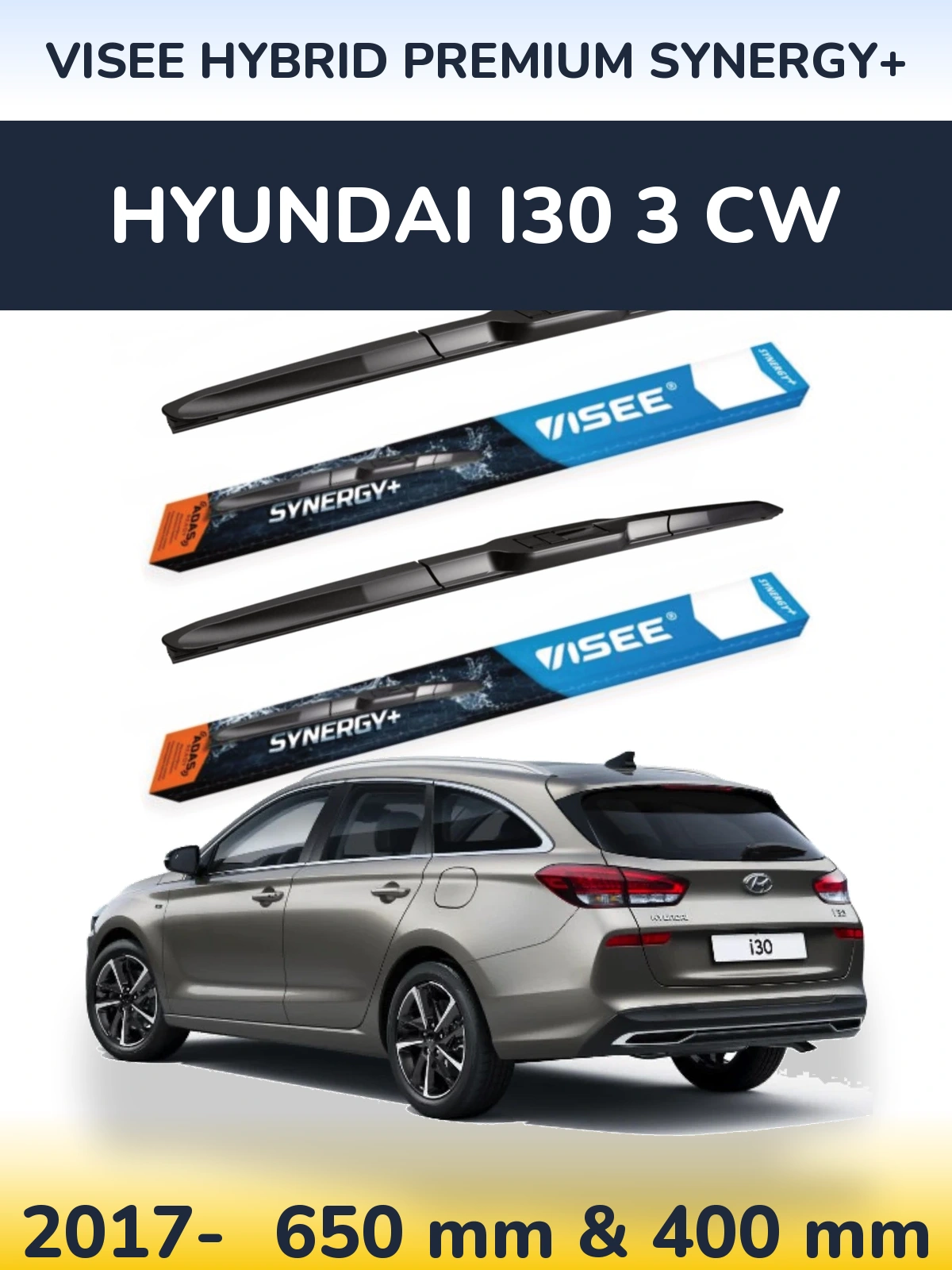 Комплект передніх щіток VISEE HYBRID PREMIUM SYNERGY+ 650 & 400 мм для Hyundai i30 3 CW 2017-2026