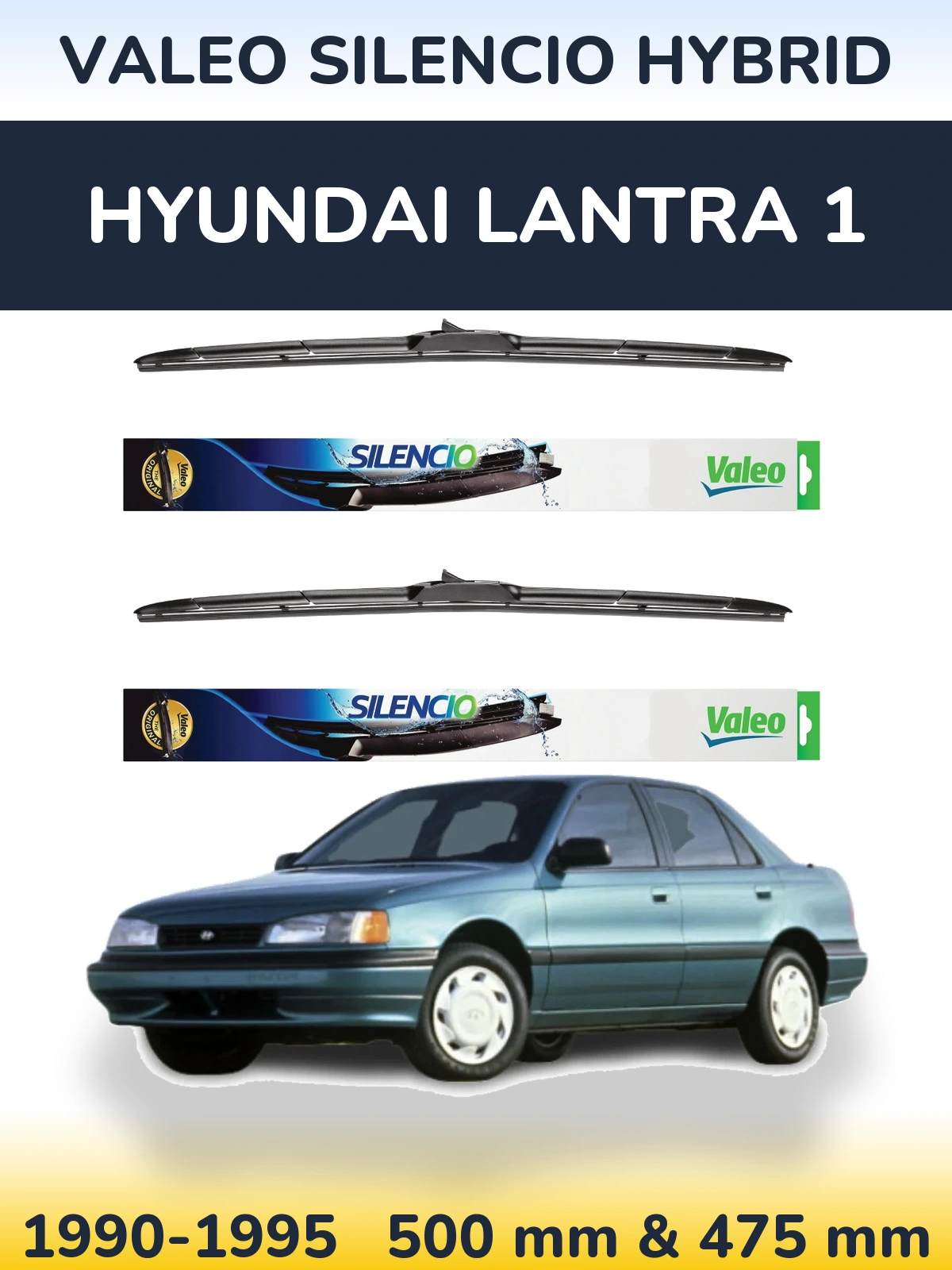 Front wiper blade set Valeo Silencio Hybrid 500 & 475 mm for Hyundai Lantra 1 1990-1995