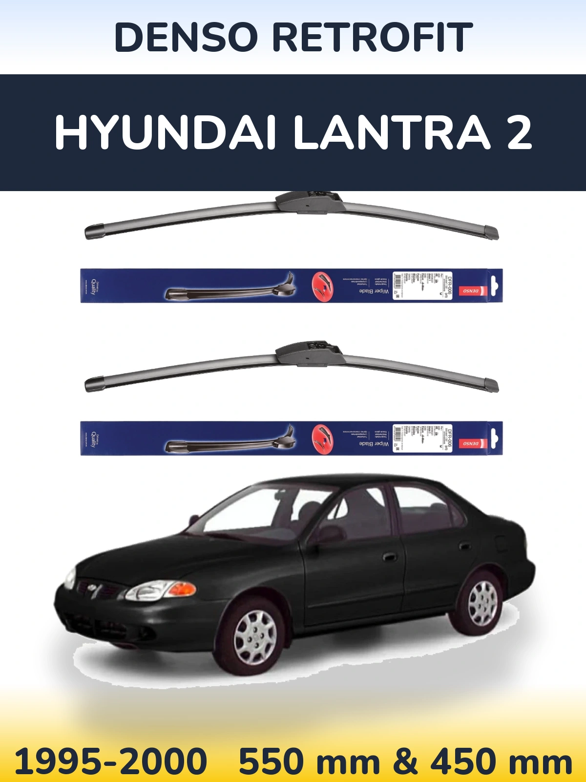 Front wiper blade set Denso Retrofit 550 & 450 mm for Hyundai Lantra 2 1995-2000