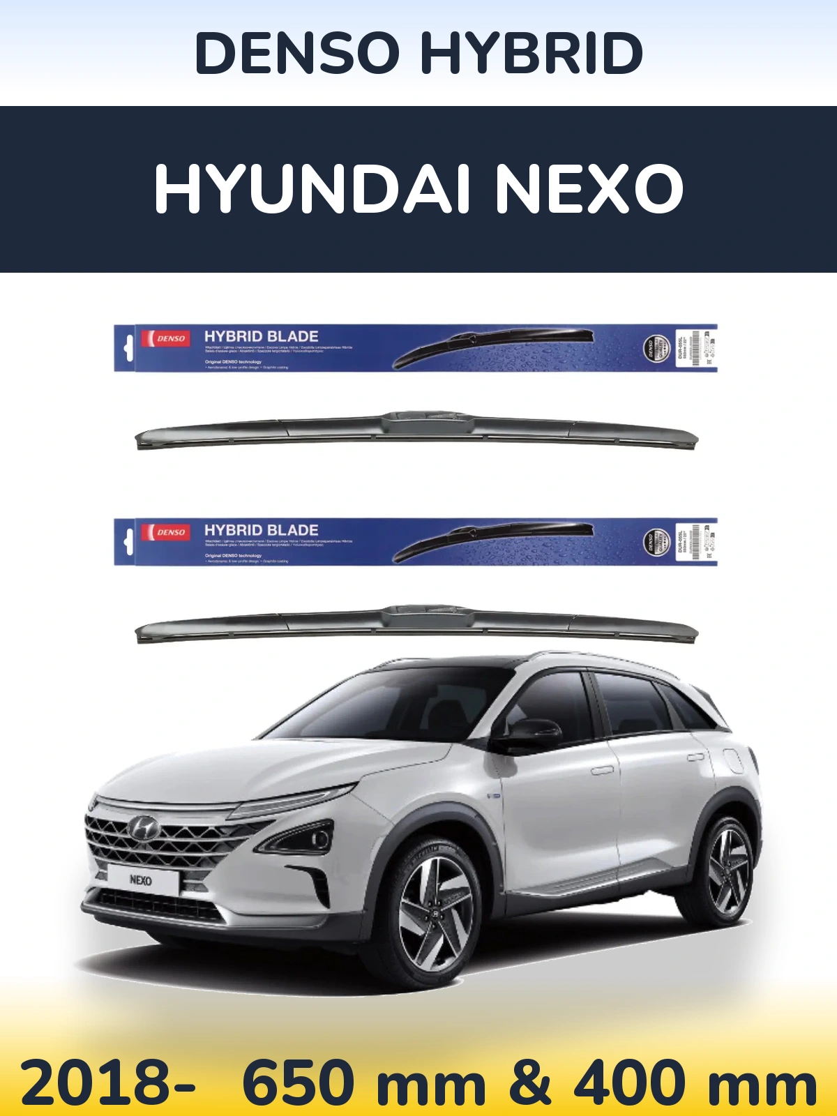 Front wiper blade set Denso Hybrid 650 & 400 mm for Hyundai Nexo 2018-2026