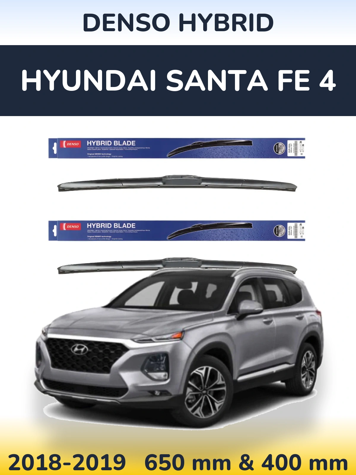 Front wiper blade set Denso Hybrid 650 & 400 mm for Hyundai Santa Fe 4 2018-2019
