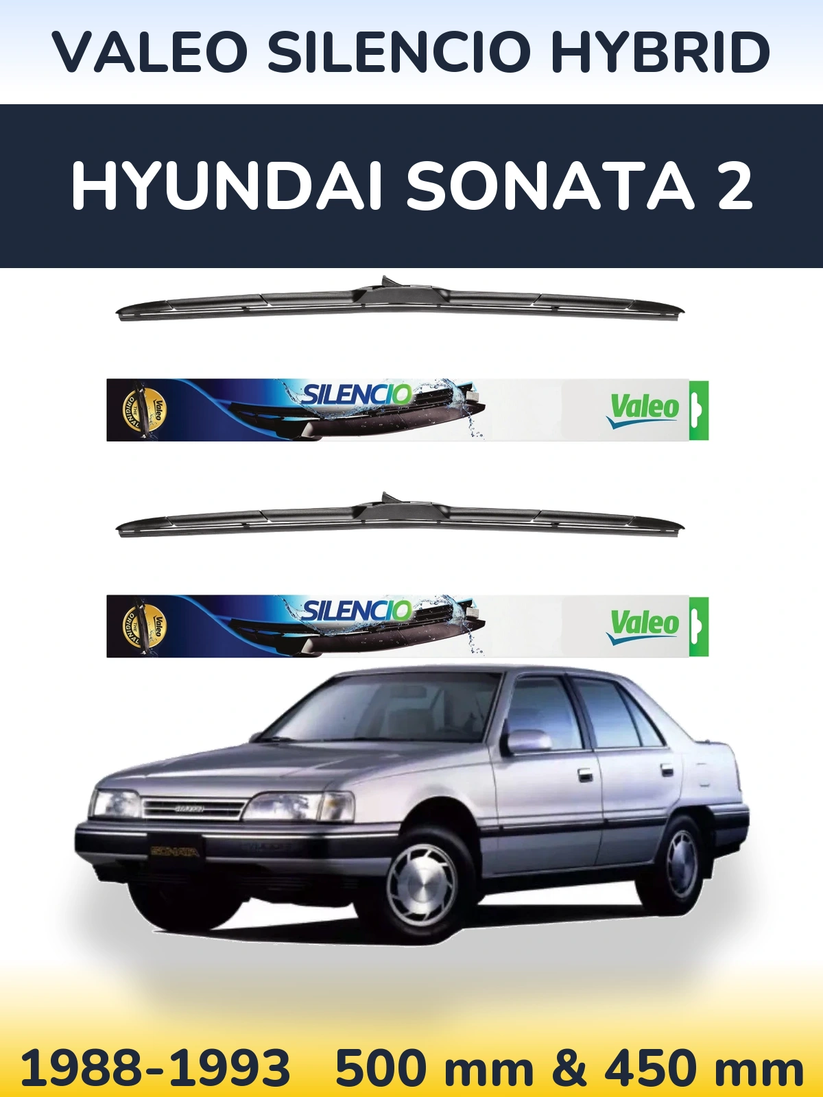 Front wiper blade set Valeo Silencio Hybrid 500 & 450 mm for Hyundai Sonata 2 1988-1993