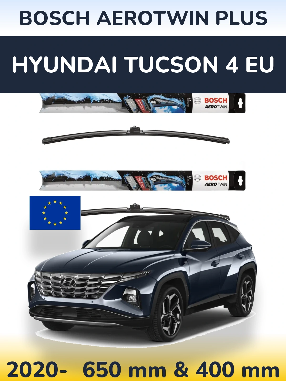 Front wiper blade set BOSCH AeroTwin Plus 650 & 400 mm for Hyundai Tucson 4 EU 2020-2026