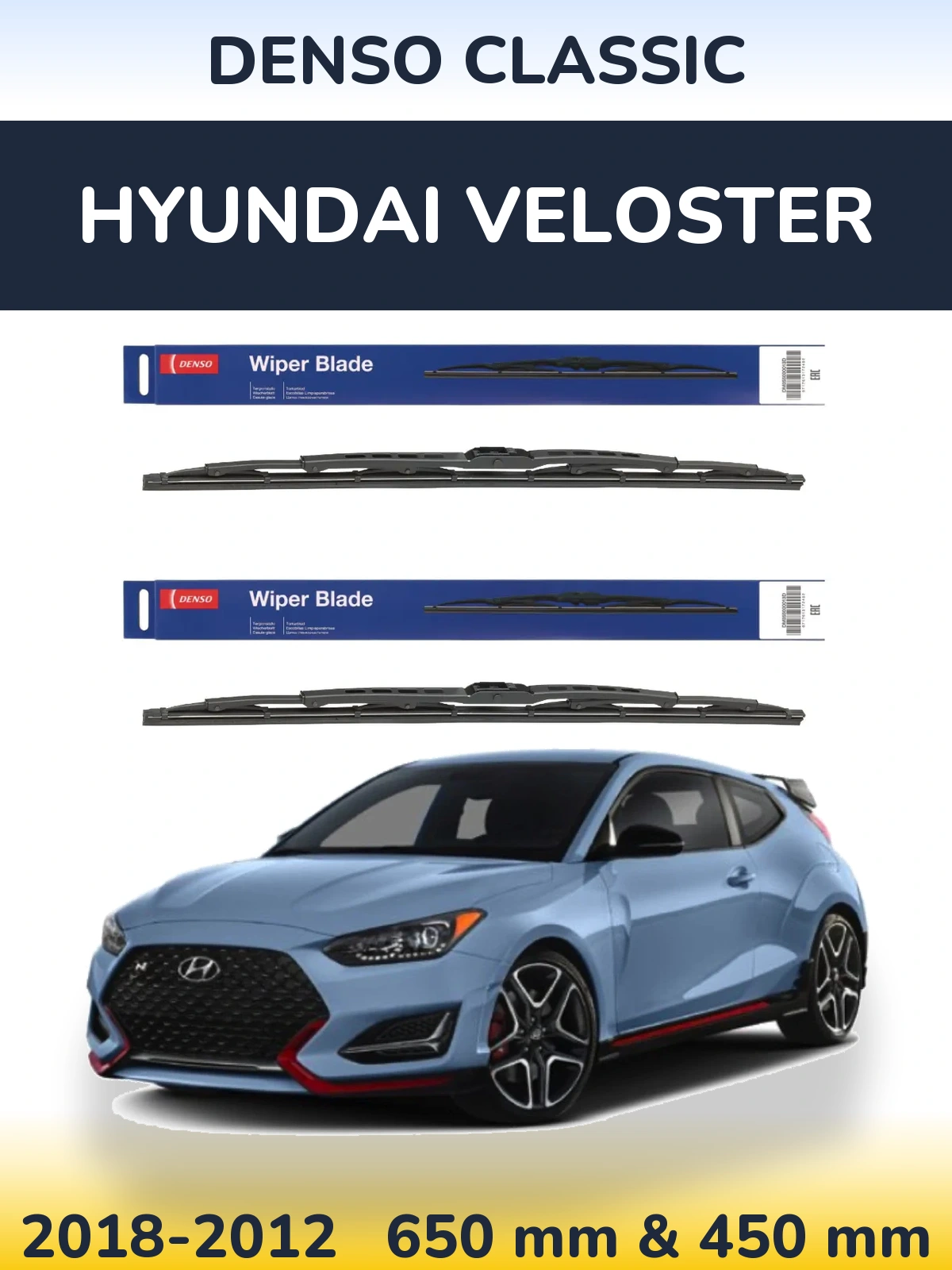 Front wiper blade set Denso Classic 650 & 450 mm for Hyundai Veloster 2018-2012