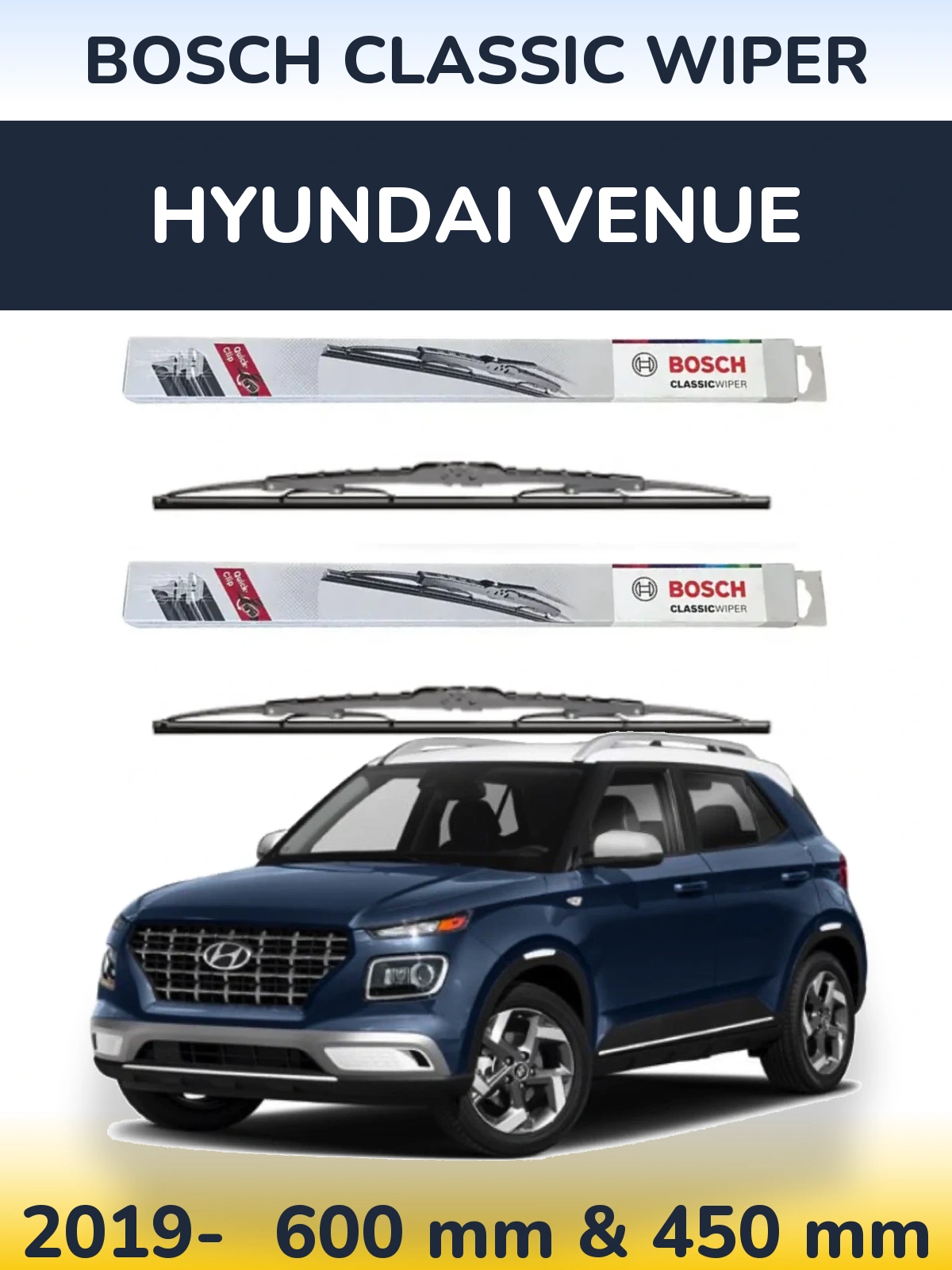 Комплект передніх щіток BOSCH Classic Wiper 600 & 450 мм для Hyundai Venue 2019-2026