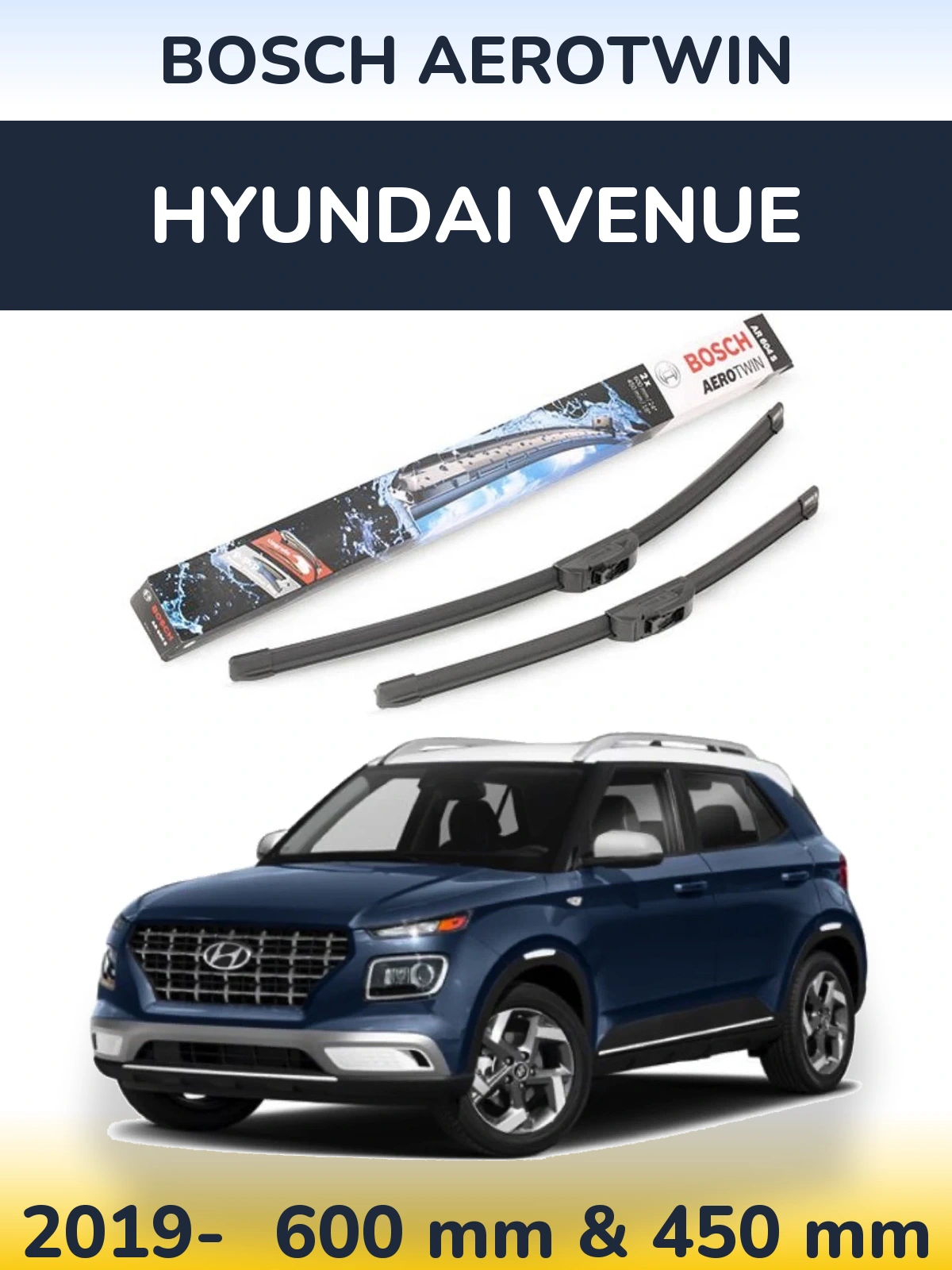 Комплект передніх щіток BOSCH AeroTwin 600 & 450 мм для Hyundai Venue 2019-2026