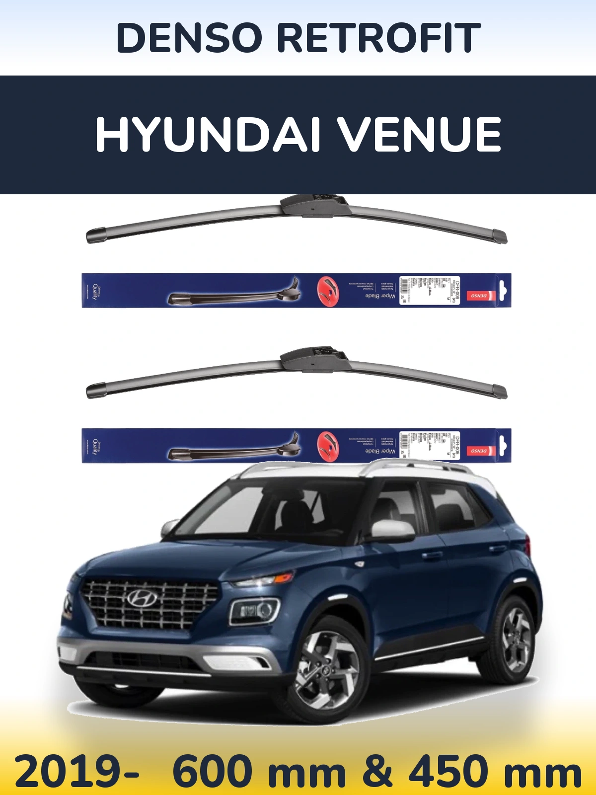 Комплект передніх щіток Denso Retrofit 600 & 450 мм для Hyundai Venue 2019-2026