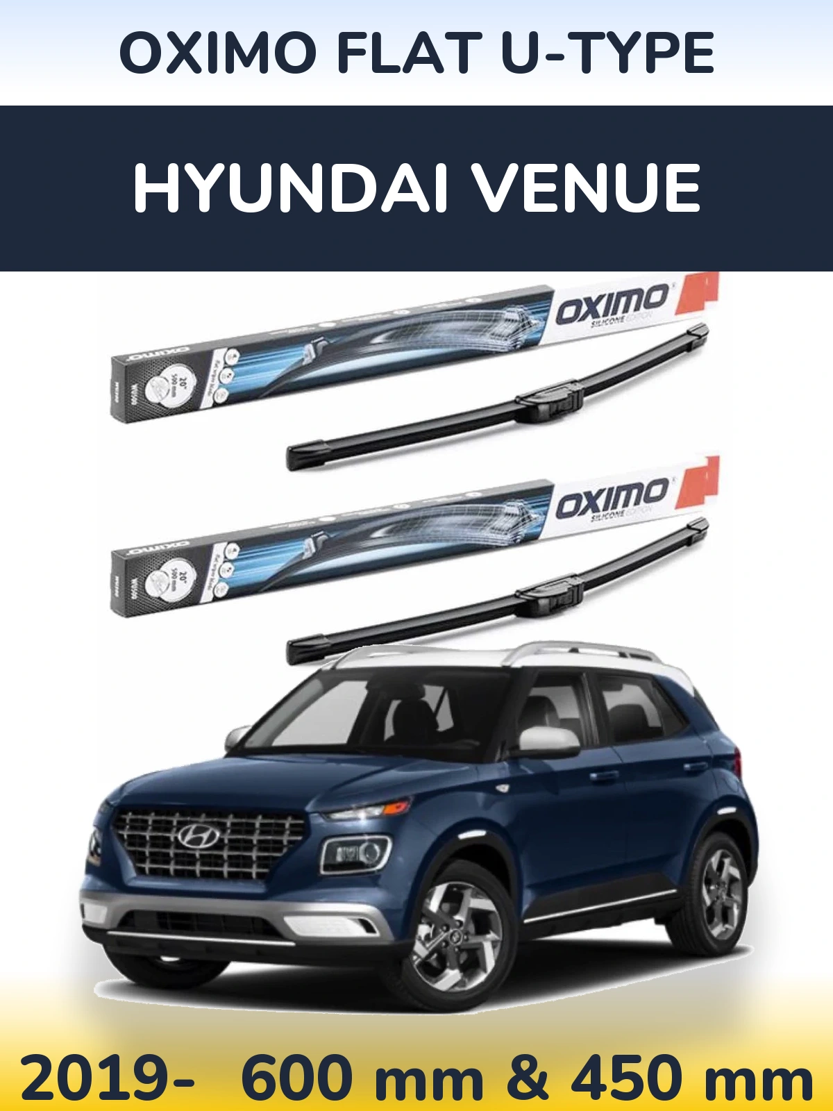 Комплект передніх щіток Oximo Flat U-type 600 & 450 мм для Hyundai Venue 2019-2026