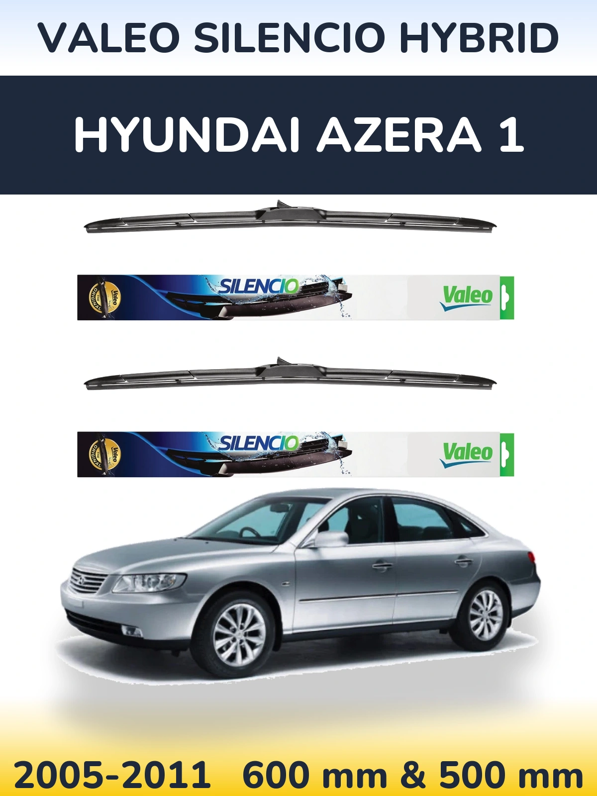 Front wiper blade set Valeo Silencio Hybrid 600 & 500 mm for Hyundai Azera 1 2005-2011