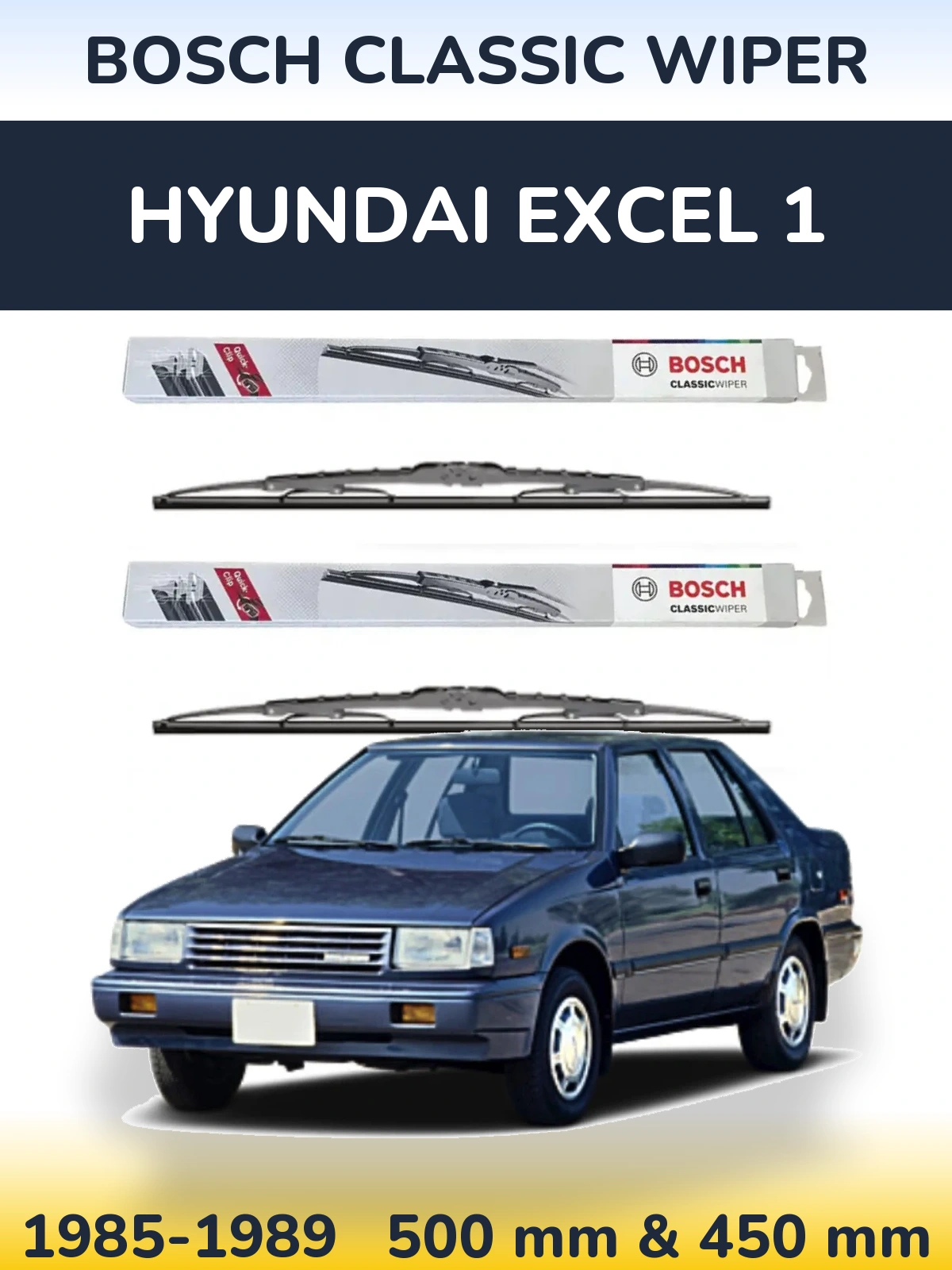 Front wiper blade set BOSCH Classic Wiper 500 & 450 mm for Hyundai Excel 1 1985-1989