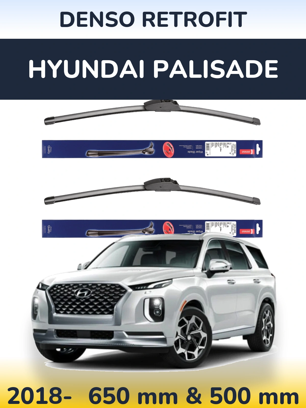 Комплект передніх щіток Denso Retrofit 650 & 500 мм для Hyundai Palisade 2018-2026