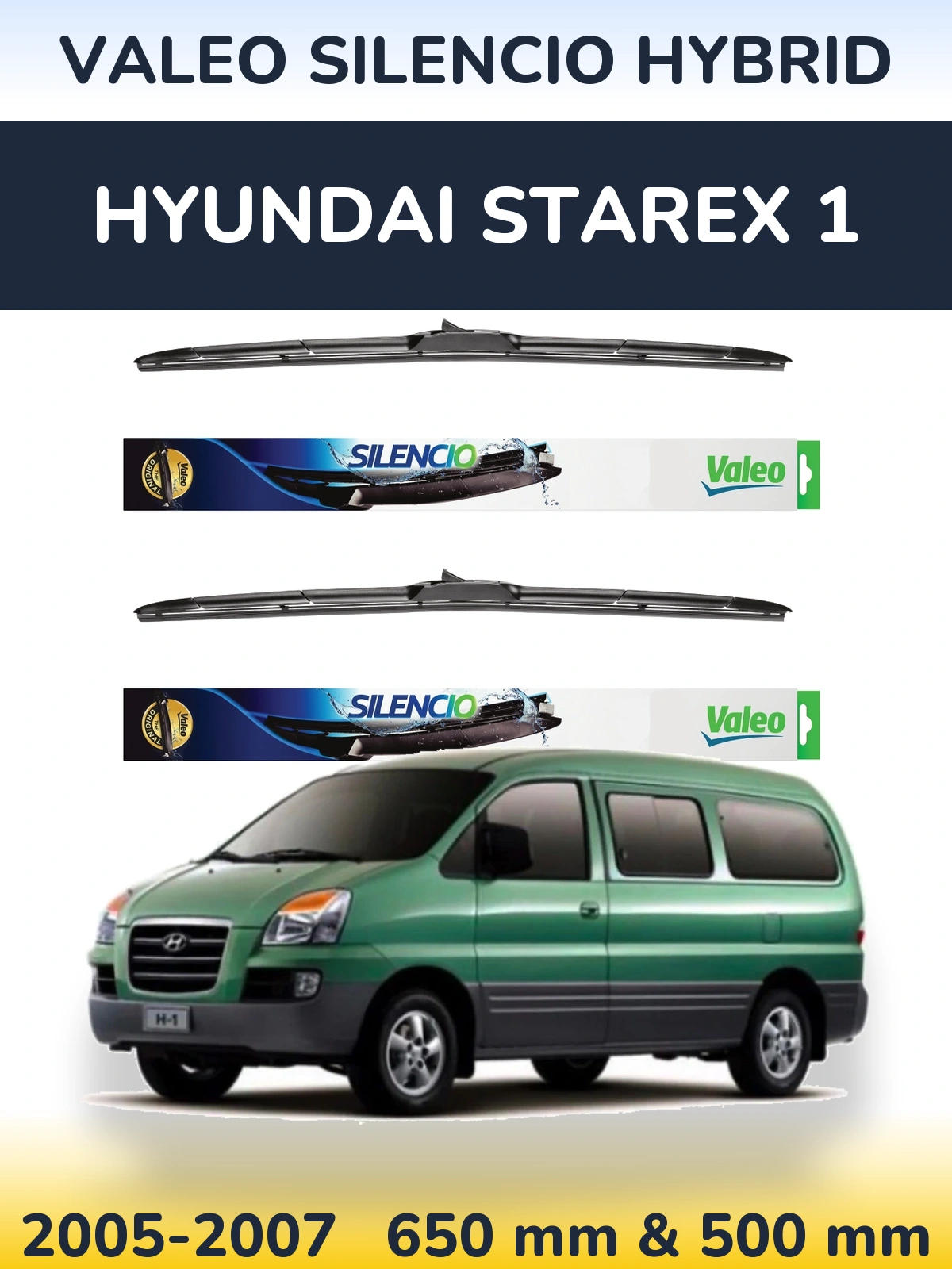 Front wiper blade set Valeo Silencio Hybrid 650 & 500 mm for Hyundai Starex 1 2005-2007