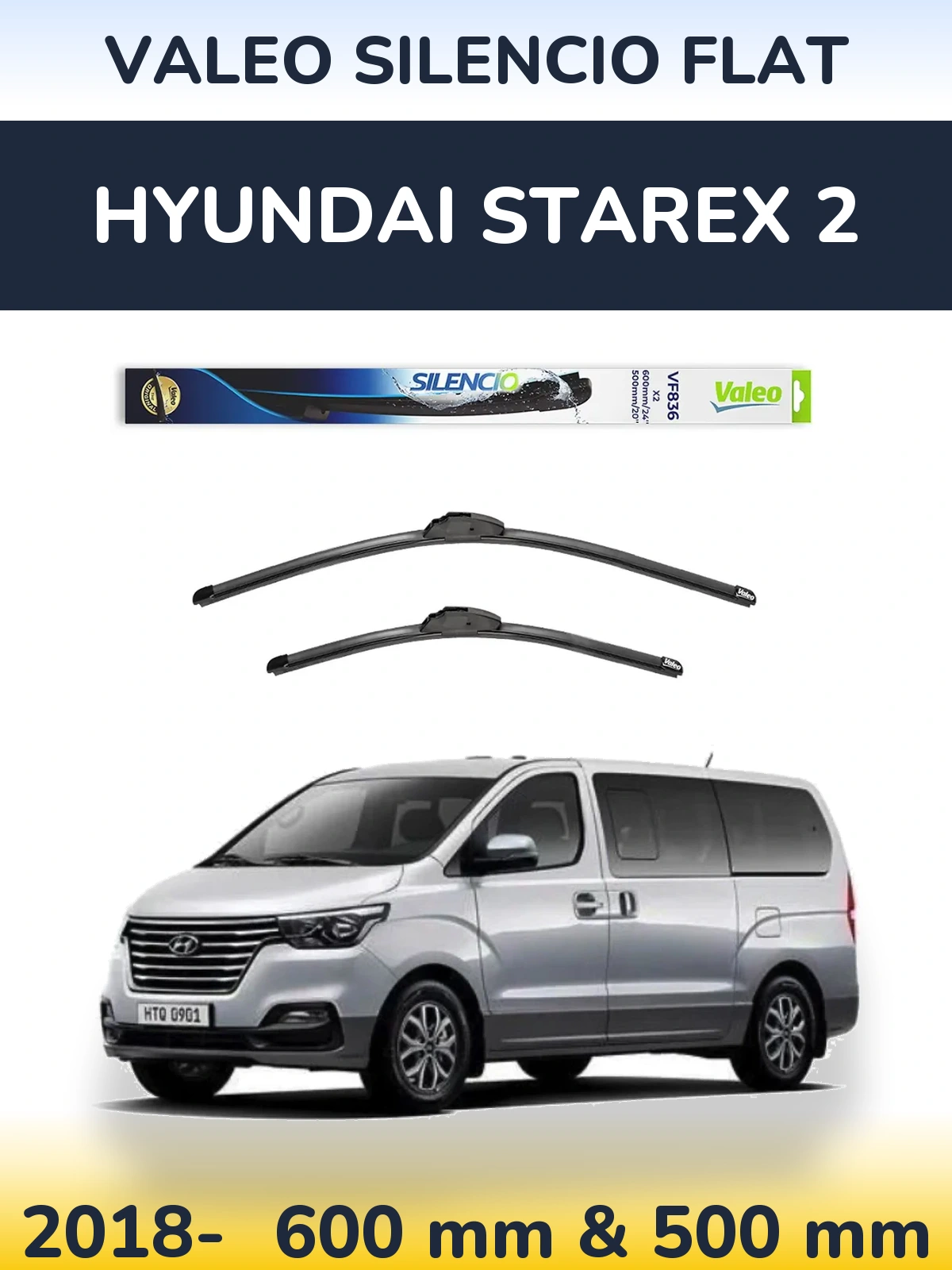 Комплект передних дворников Valeo Silencio Flat 600 & 500 мм для Hyundai Starex 2 2018-2026