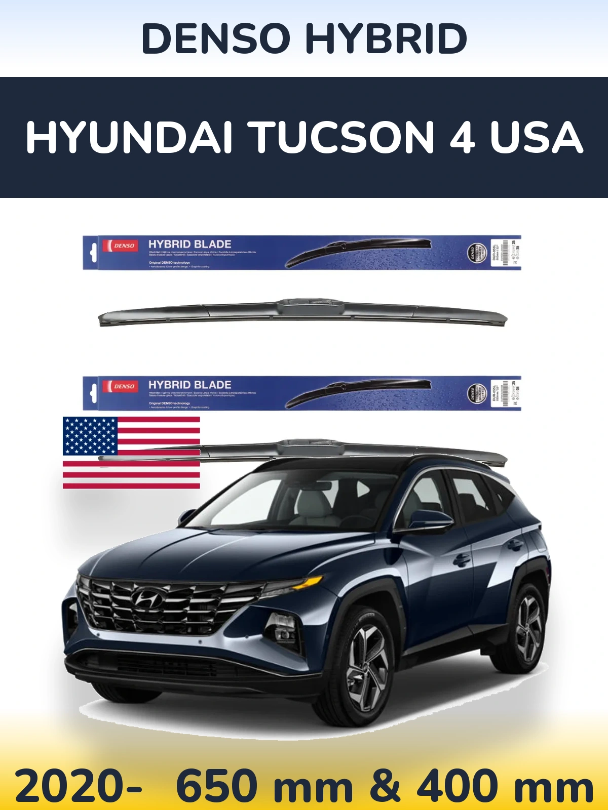 Комплект передніх щіток Denso Hybrid 650 & 400 мм для Hyundai Tucson 4 USA 2020-2026
